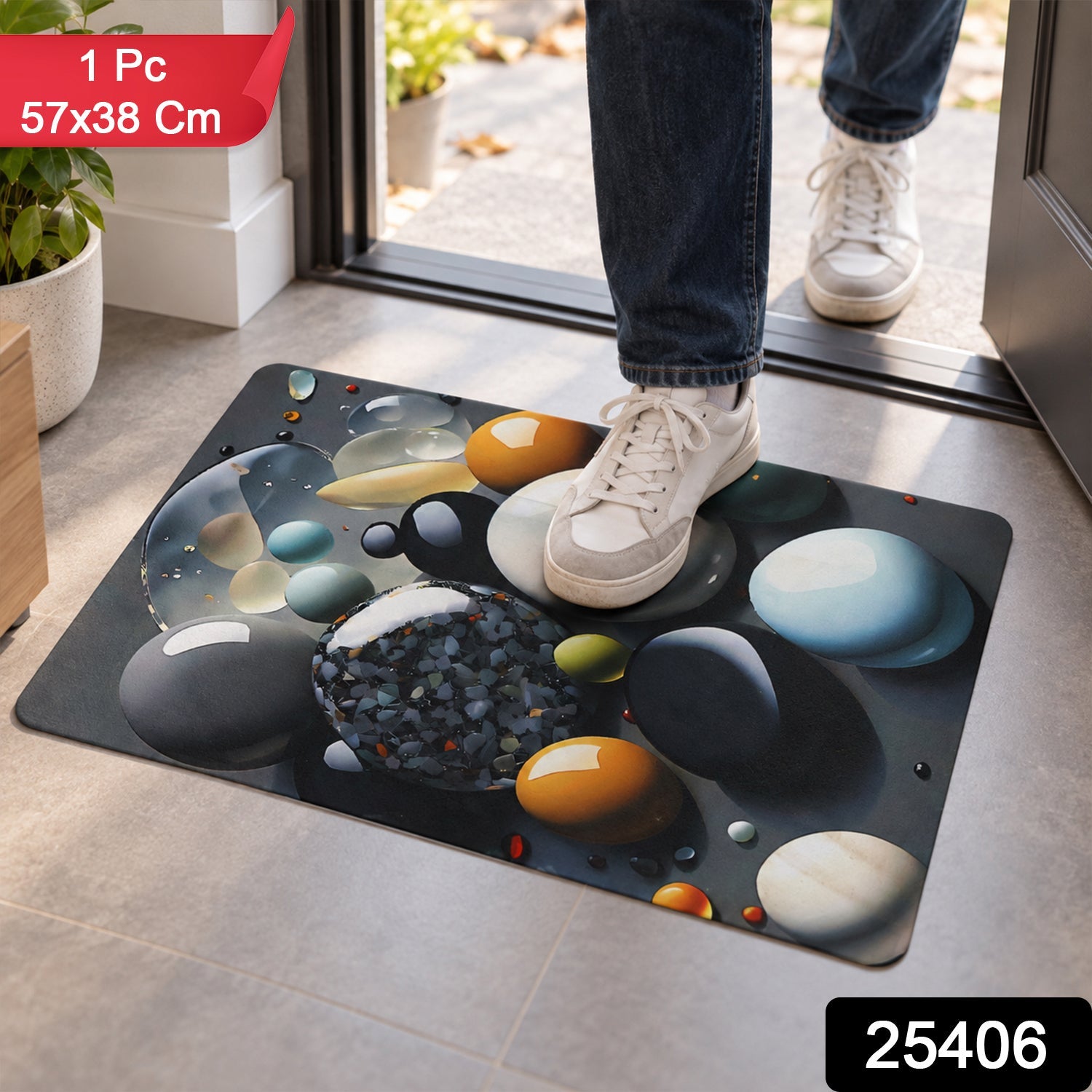 A rectangular mat with a pebble pattern, featuring a person's feet in white shoes entering a doorway.