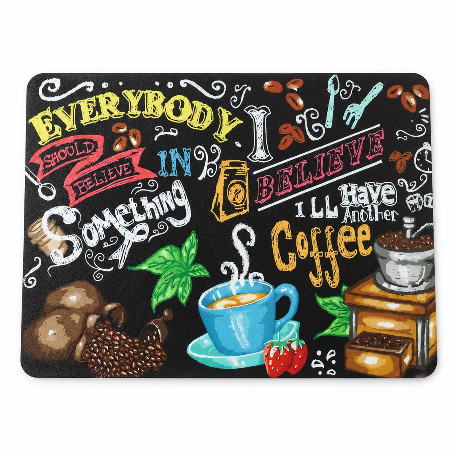 Close-up of the rectangular black mat featuring various coffee-related drawings and phrases in bright colors.