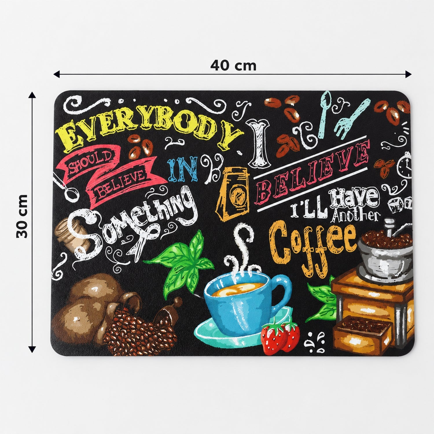 Black rectangular mat with coffee designs, displaying its dimensions of 40 cm by 30 cm.