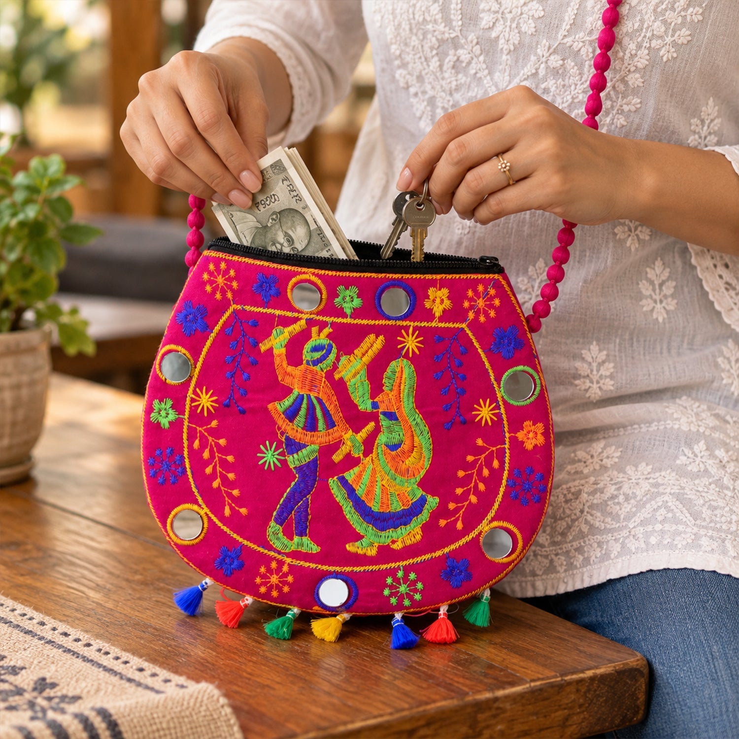 Hands place money and keys into a vibrant pink sling bag with embroidered dancers and mirror details.