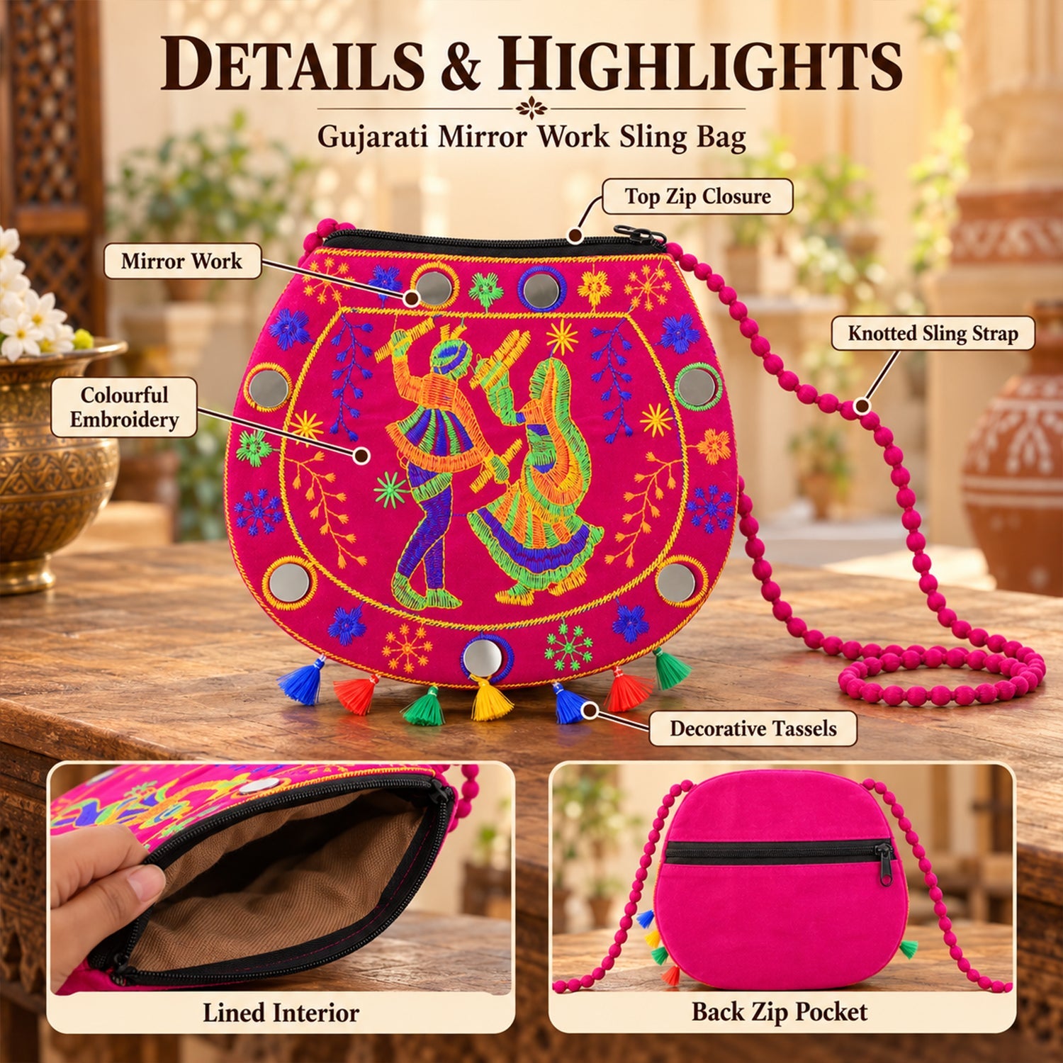 A vibrant pink sling bag with Gujarati mirror work, colorful embroidery, and decorative tassels.