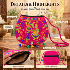 A vibrant pink sling bag with Gujarati mirror work, colorful embroidery, and decorative tassels.