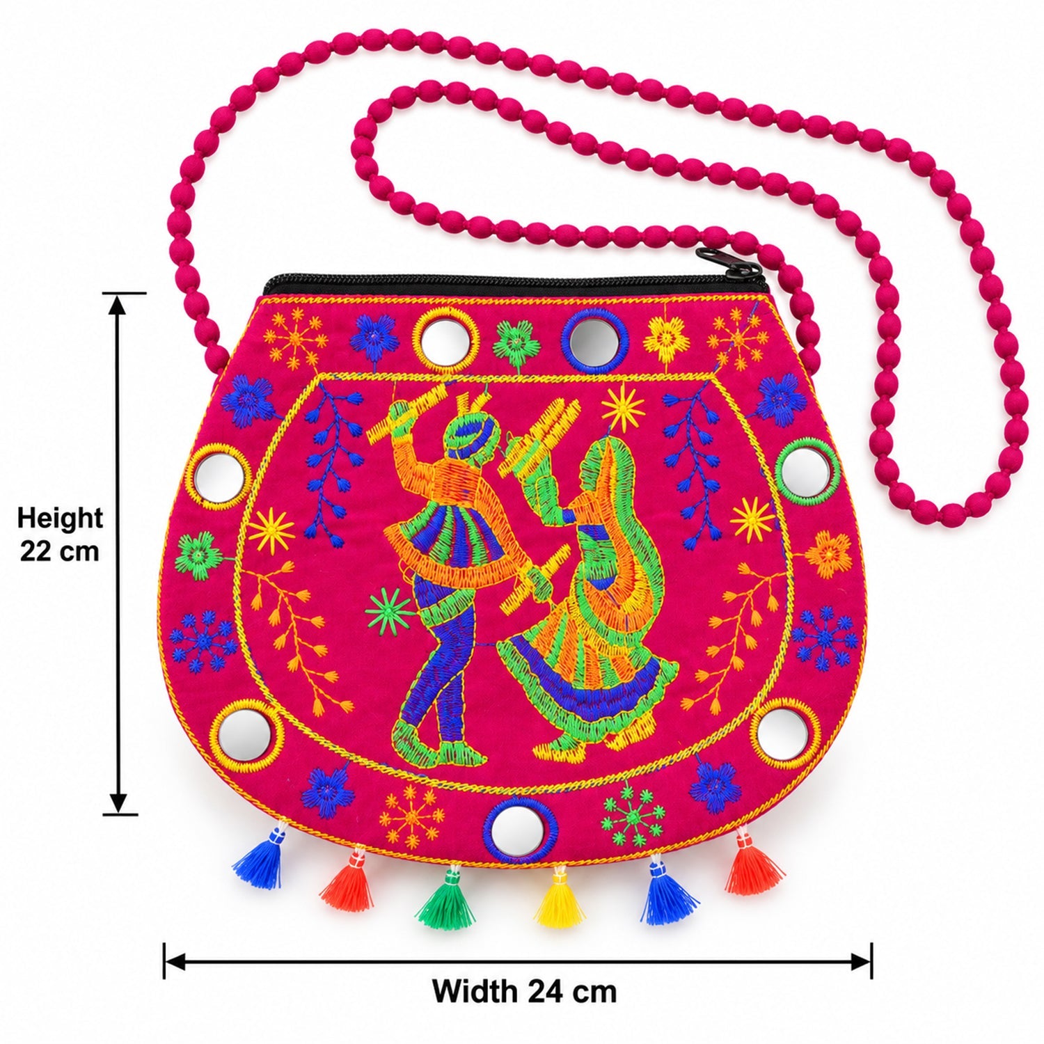 A pink sling bag with embroidered dancers and mirrors, showing height 22 cm and width 24 cm.