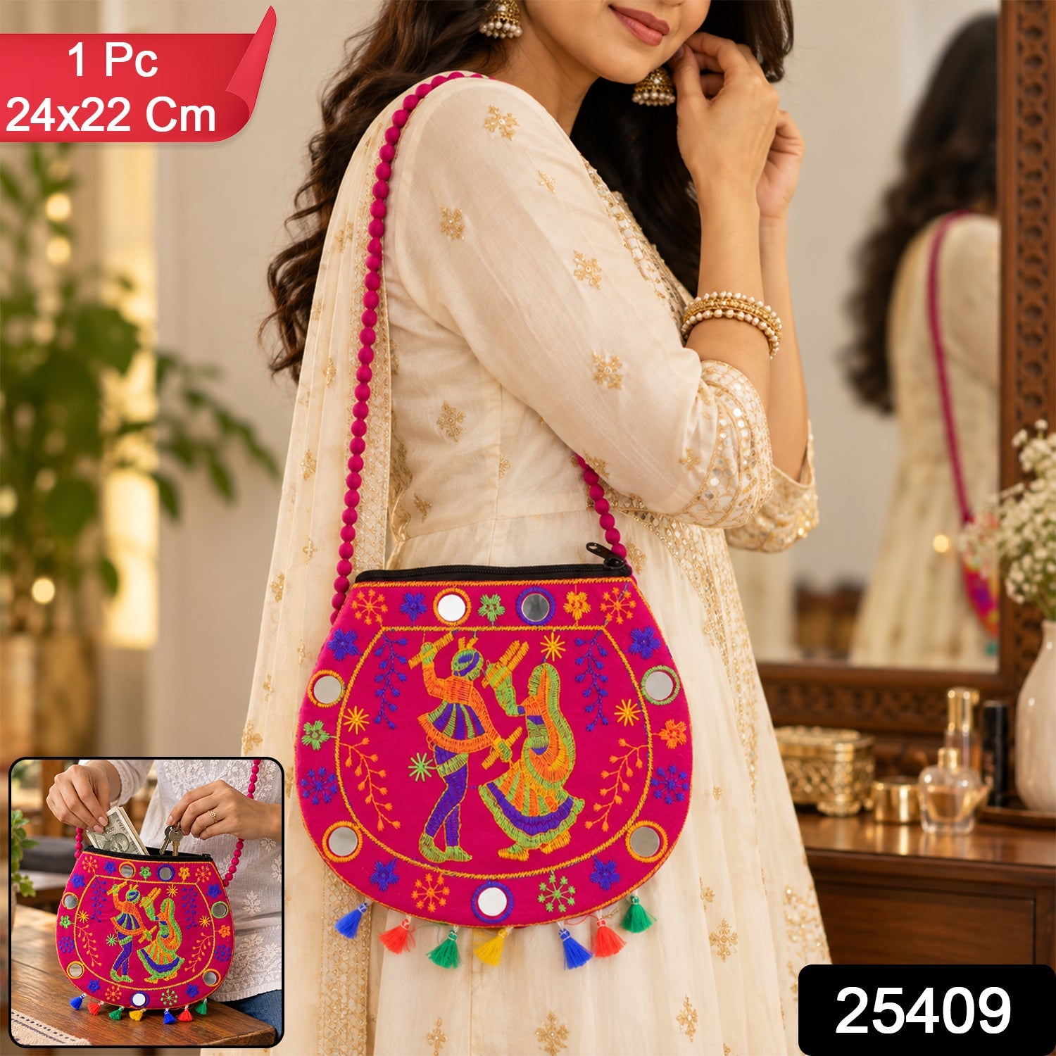 A woman in a cream dress wears a pink sling bag with colorful embroidery and mirror accents.