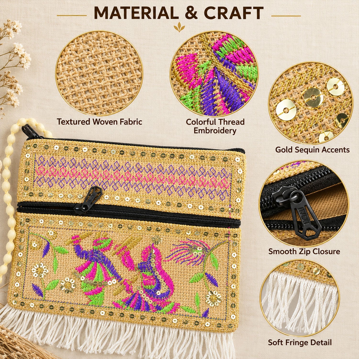Close-up of a beige jute sling bag with colorful embroidery, gold sequins, and white fringe.