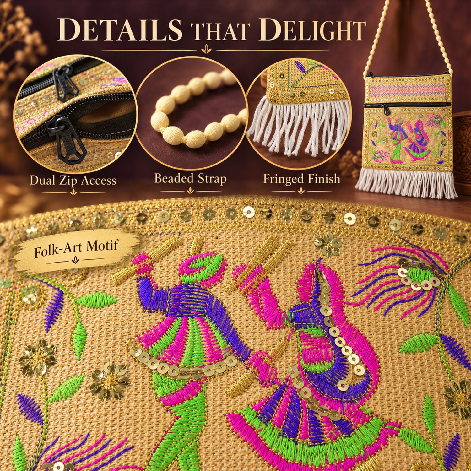Close-up of a beige jute sling bag with colorful folk art embroidery and a beaded strap.