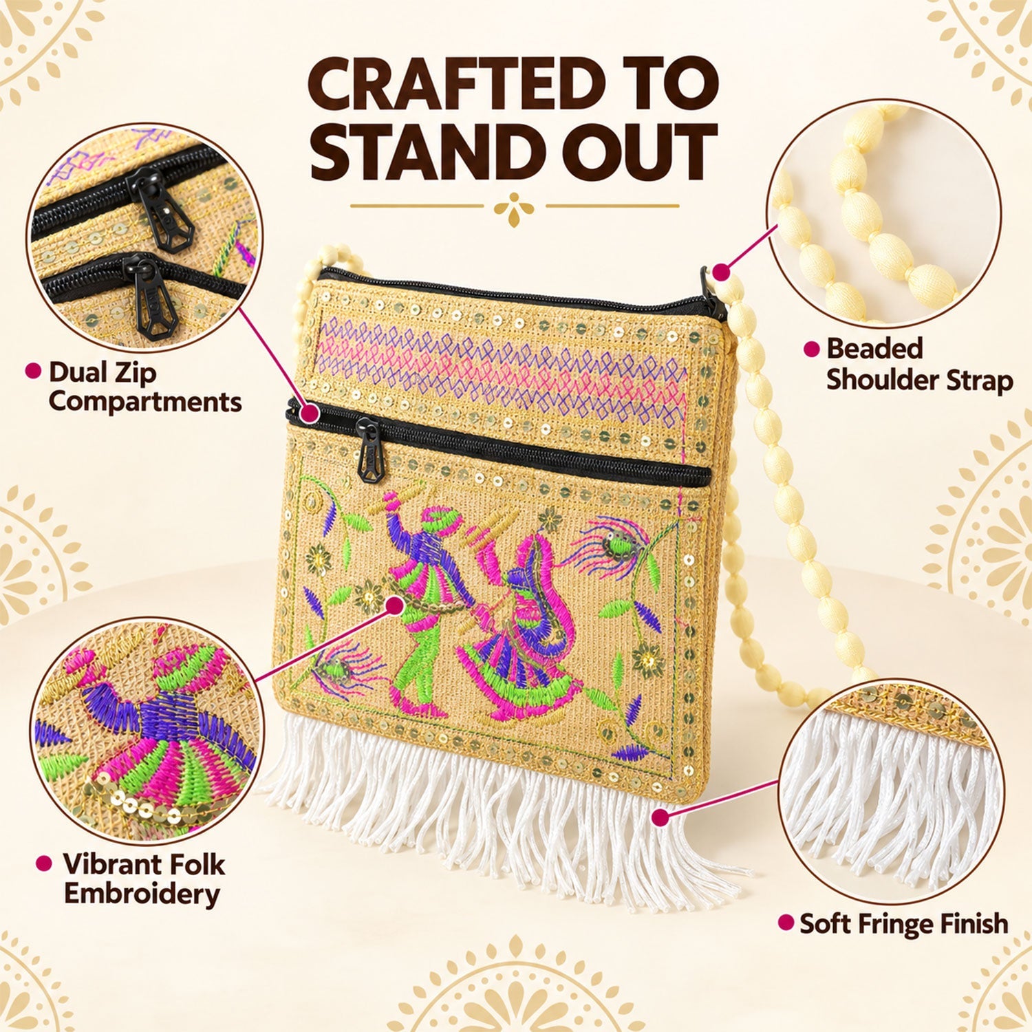 A beige jute sling bag with colorful embroidery, gold sequins, and white fringe, with feature callouts.
