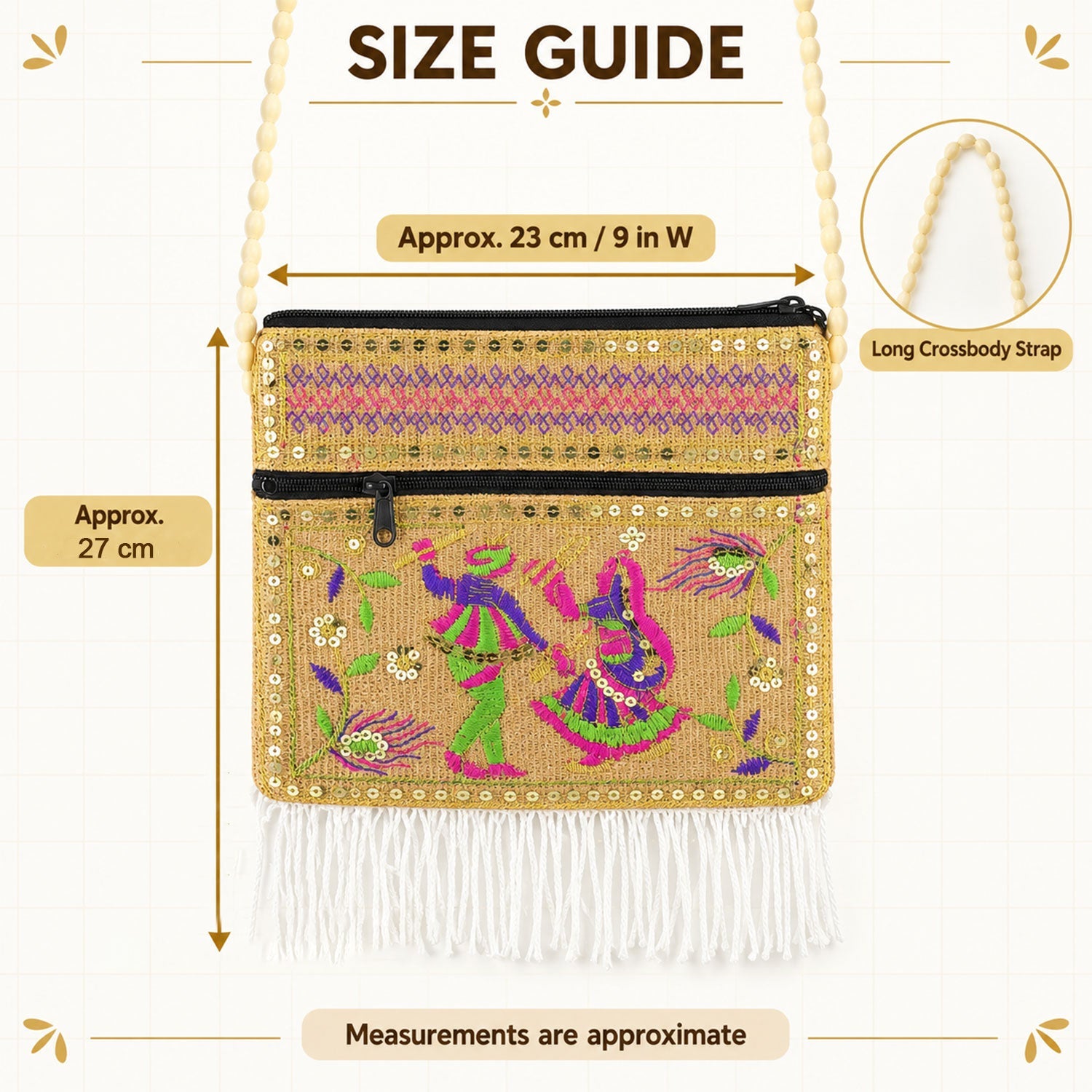 A beige jute sling bag with colorful embroidery, gold sequins, and white fringe, with size measurements.