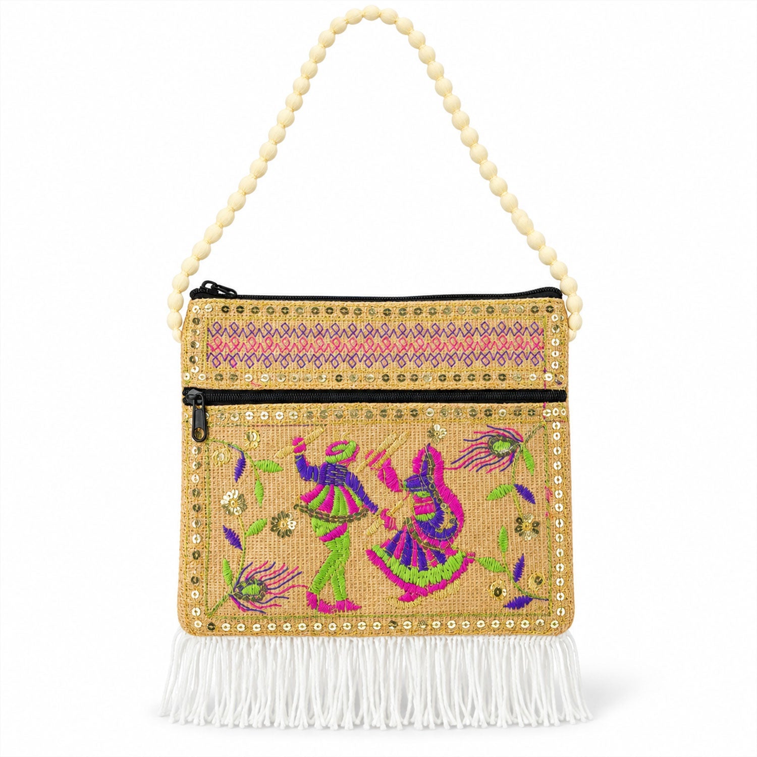 A beige jute sling bag with colorful embroidery, gold sequins, and white fringe on a white background.