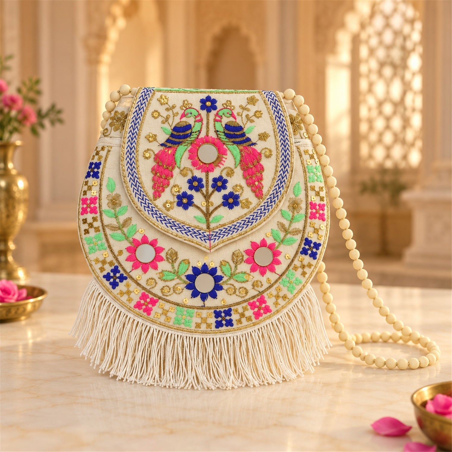 A white embroidered sling purse with vibrant peacock and floral designs, mirror accents, and fringe sits on a table.