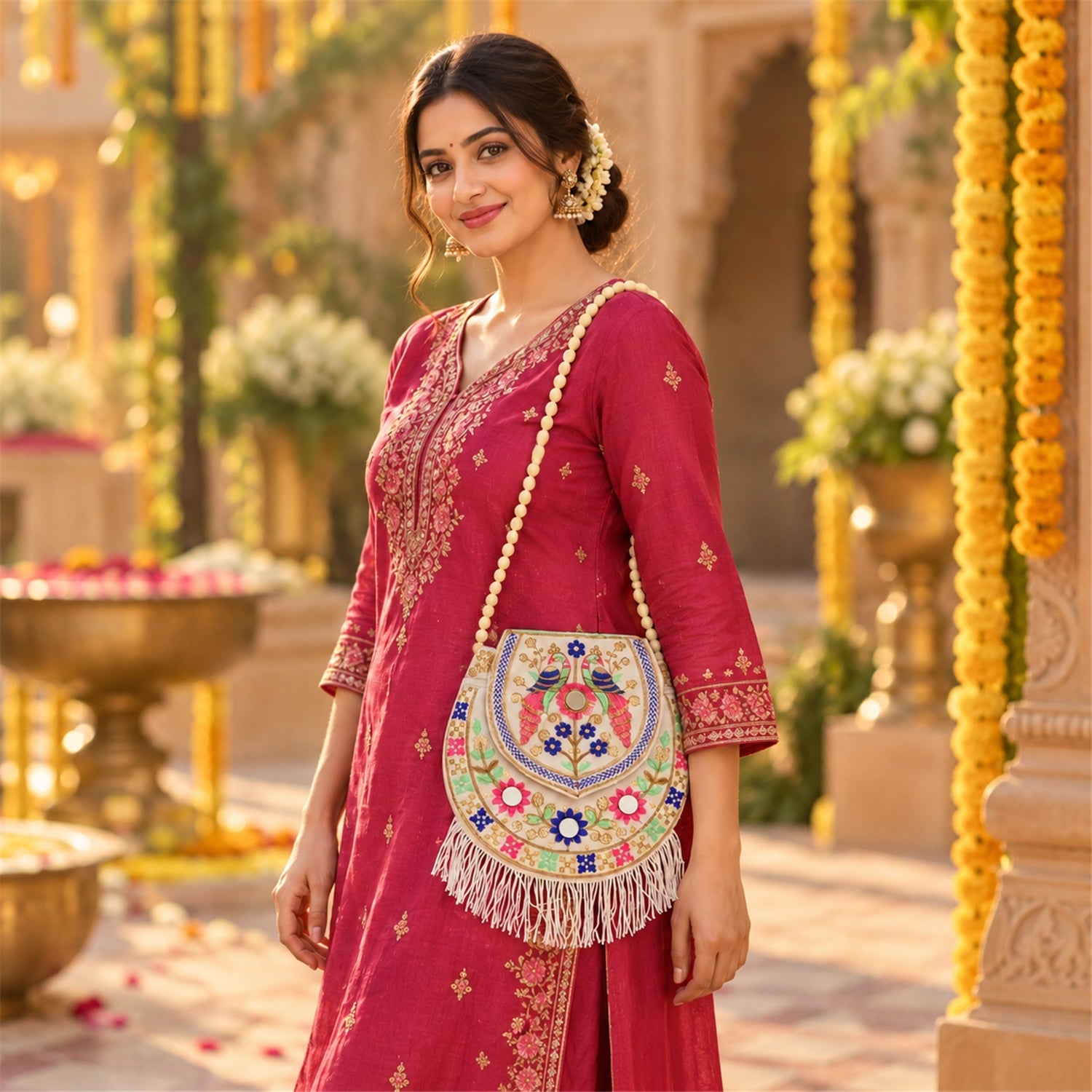A woman in a magenta dress holds a white embroidered sling purse with colorful peacocks and flowers.