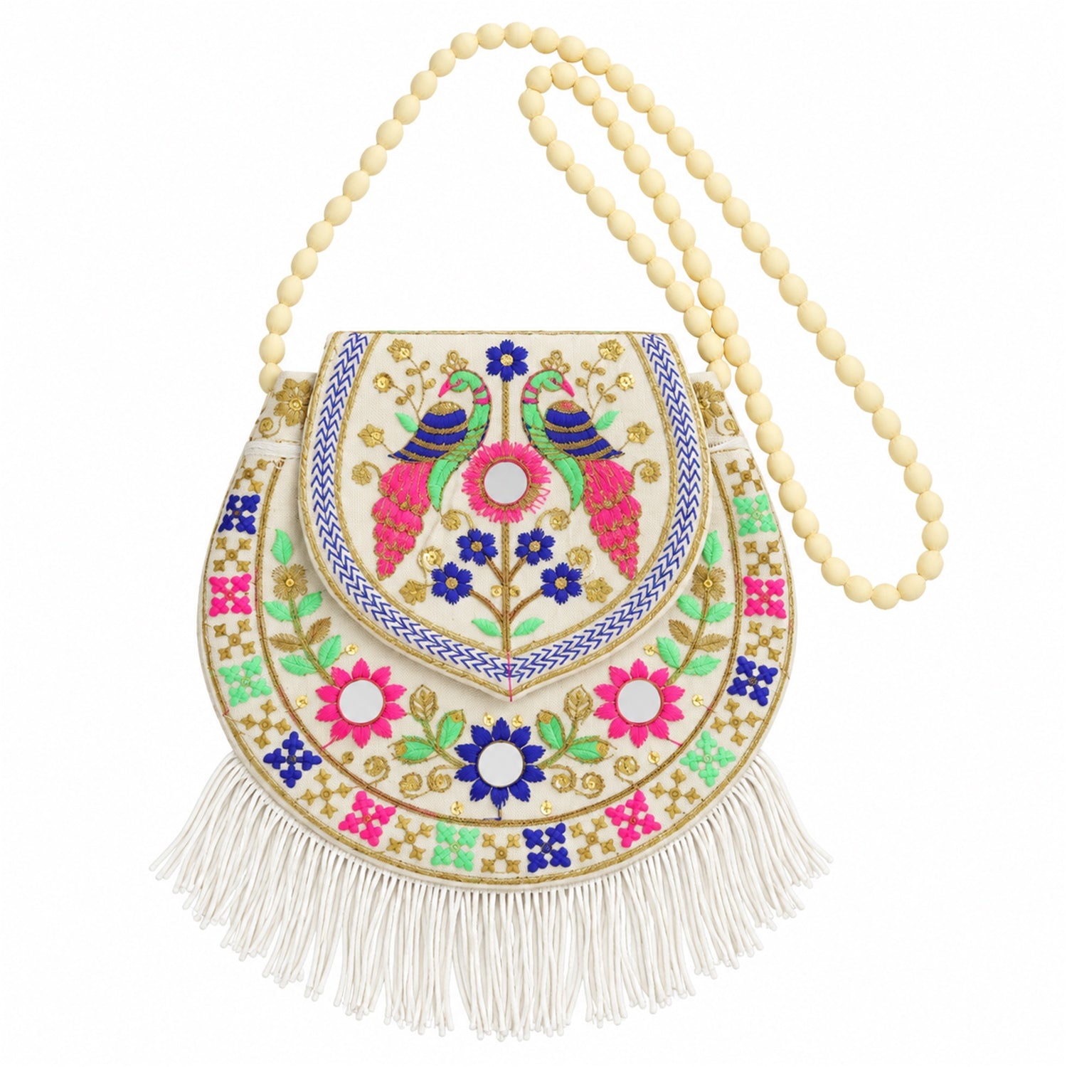 A white embroidered sling purse with colorful peacock and floral patterns, mirror work, and a long beaded strap.