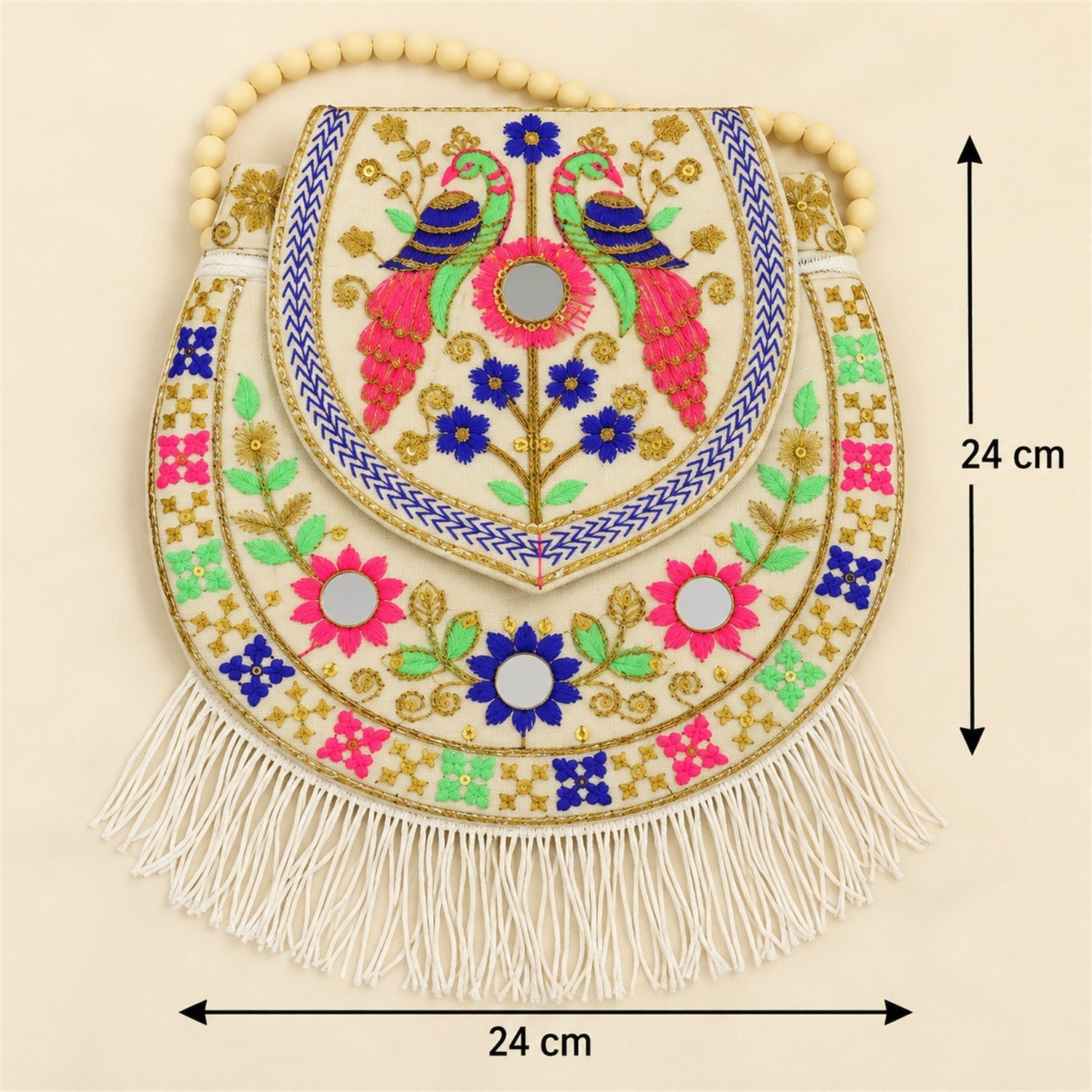 A white embroidered sling purse with colorful embroidery, fringe, and measurement arrows indicating 24x24 cm dimensions.
