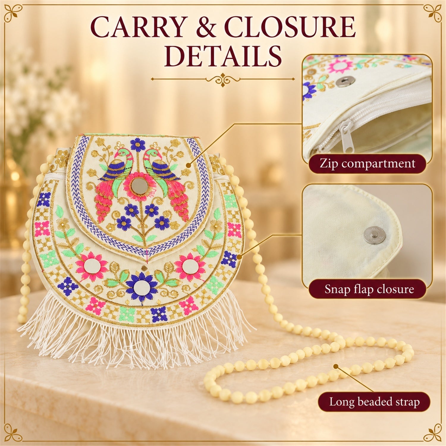 A white embroidered sling purse with details highlighted: zip compartment, snap flap closure, and a long beaded strap.