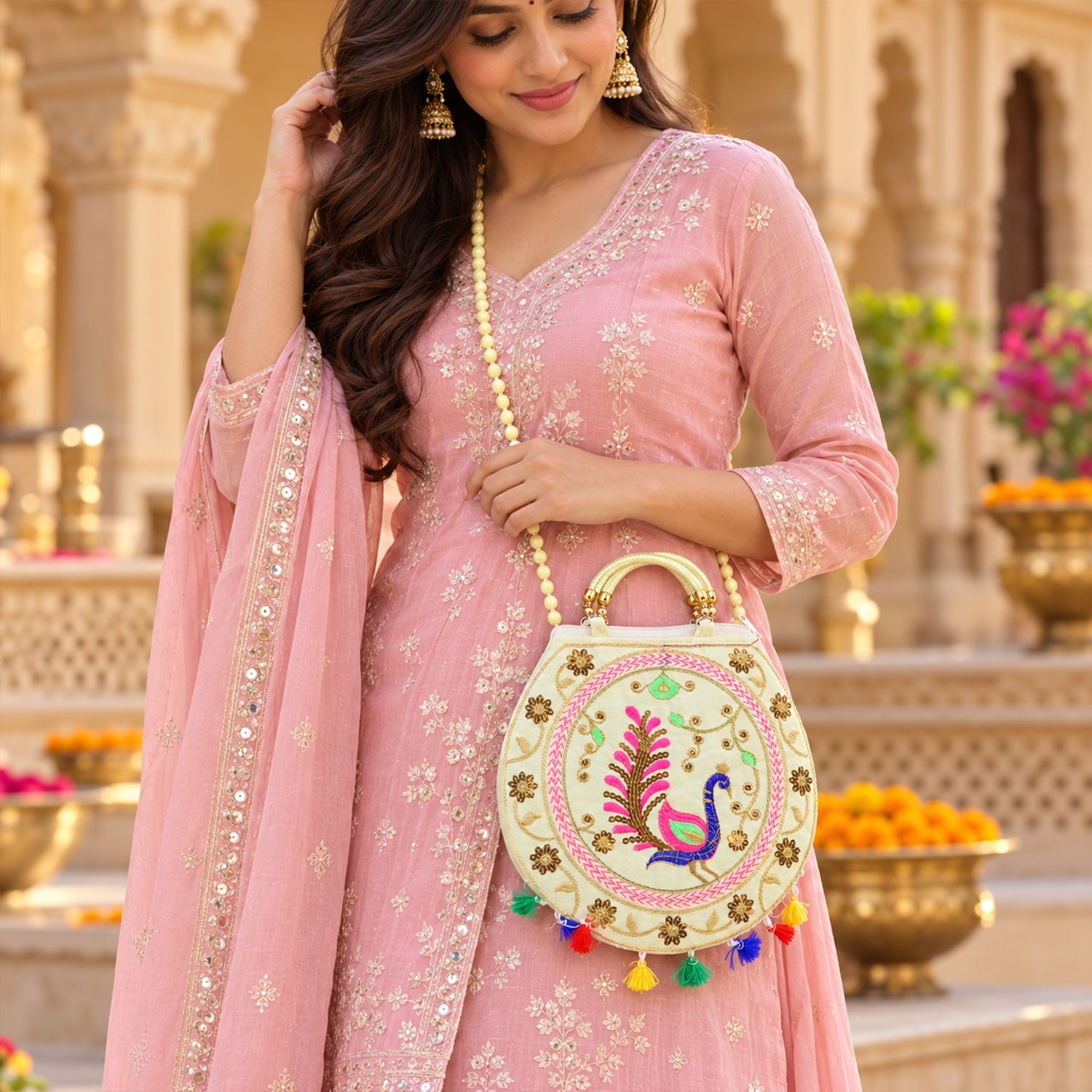 Woman in a light pink embroidered dress holding a cream round bag with a vibrant peacock design and colorful tassels.