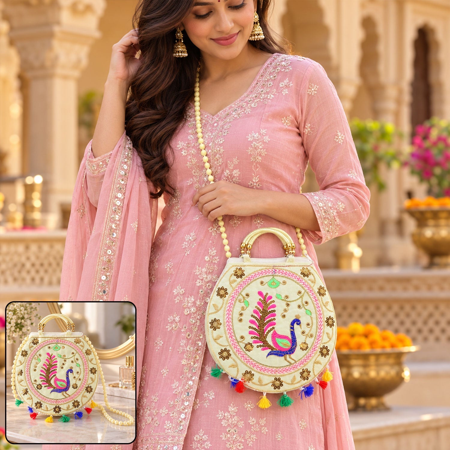 Woman in a pink outfit holding a cream round bag with colorful peacock embroidery and tassels.