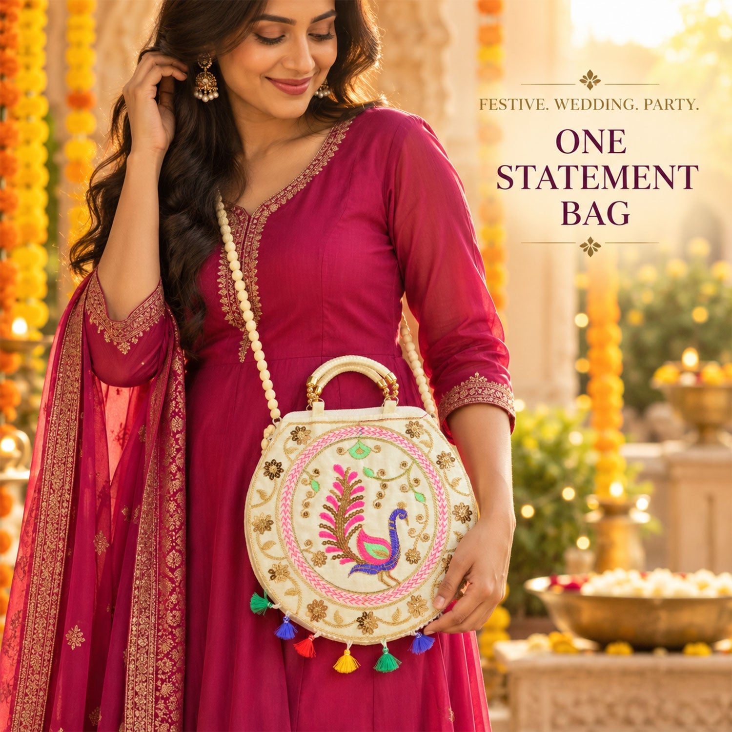 Woman in a deep pink outfit holding a cream round bag with peacock embroidery and tassels, with a festive background.