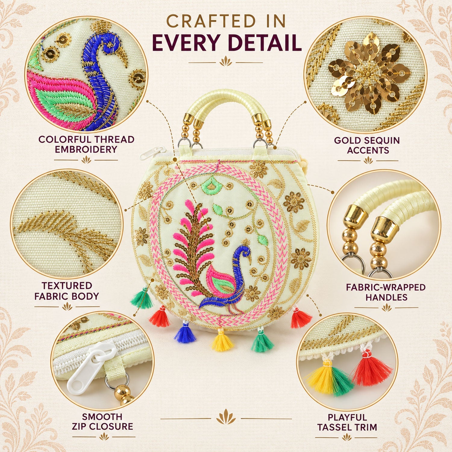 Detailed view of the cream round bag highlighting colorful embroidery, gold sequins, fabric texture, wrapped handles,