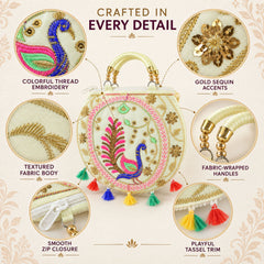 Detailed view of the cream round bag highlighting colorful embroidery, gold sequins, fabric texture, wrapped handles,