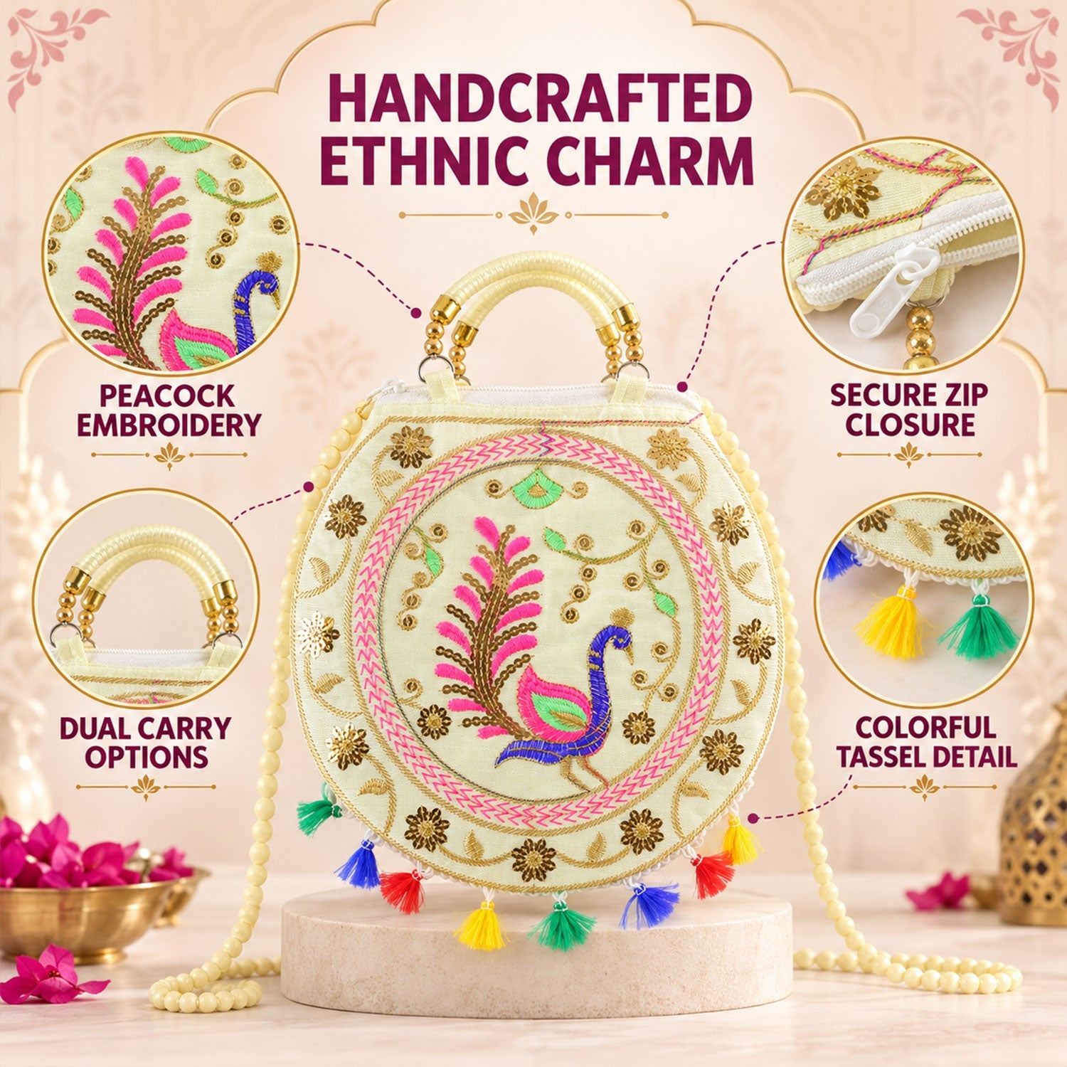 Cream round bag with peacock embroidery, highlighting secure zip closure, dual carry options, and colorful tassel detail.
