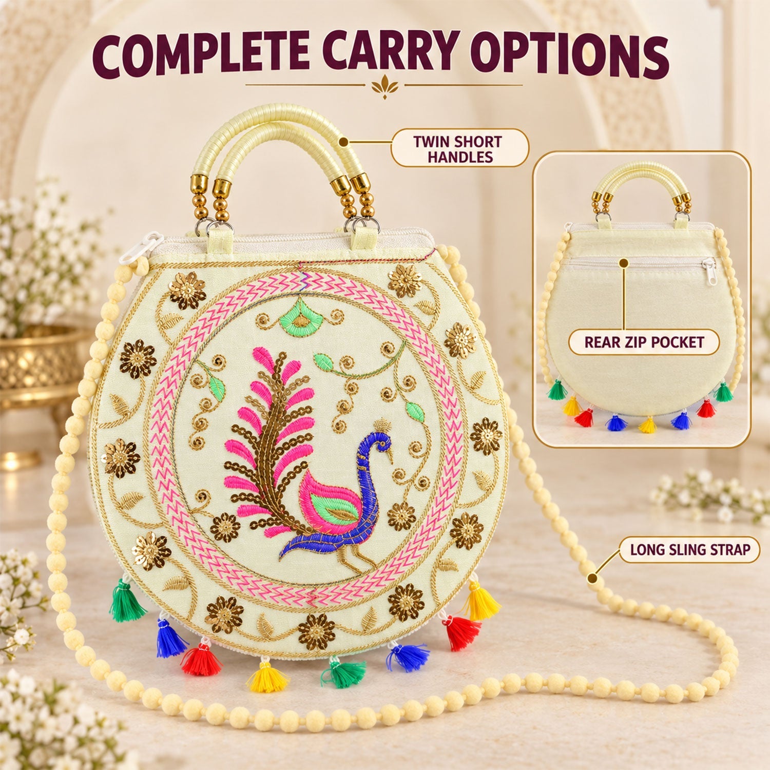 Cream round bag showcasing twin short handles, a long sling strap, and a rear zip pocket with tassels.
