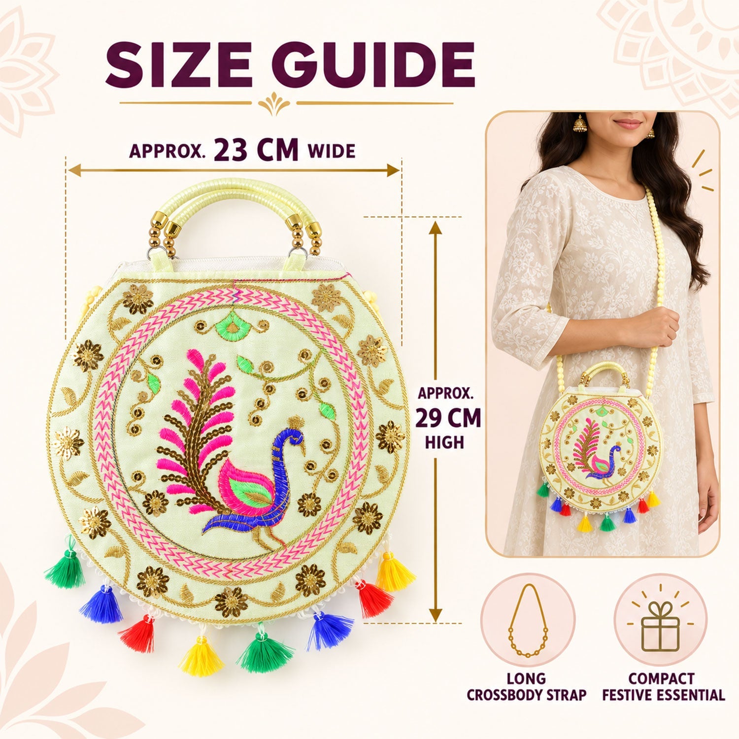 Size guide for the cream round bag, showing dimensions and a woman wearing it as a crossbody.