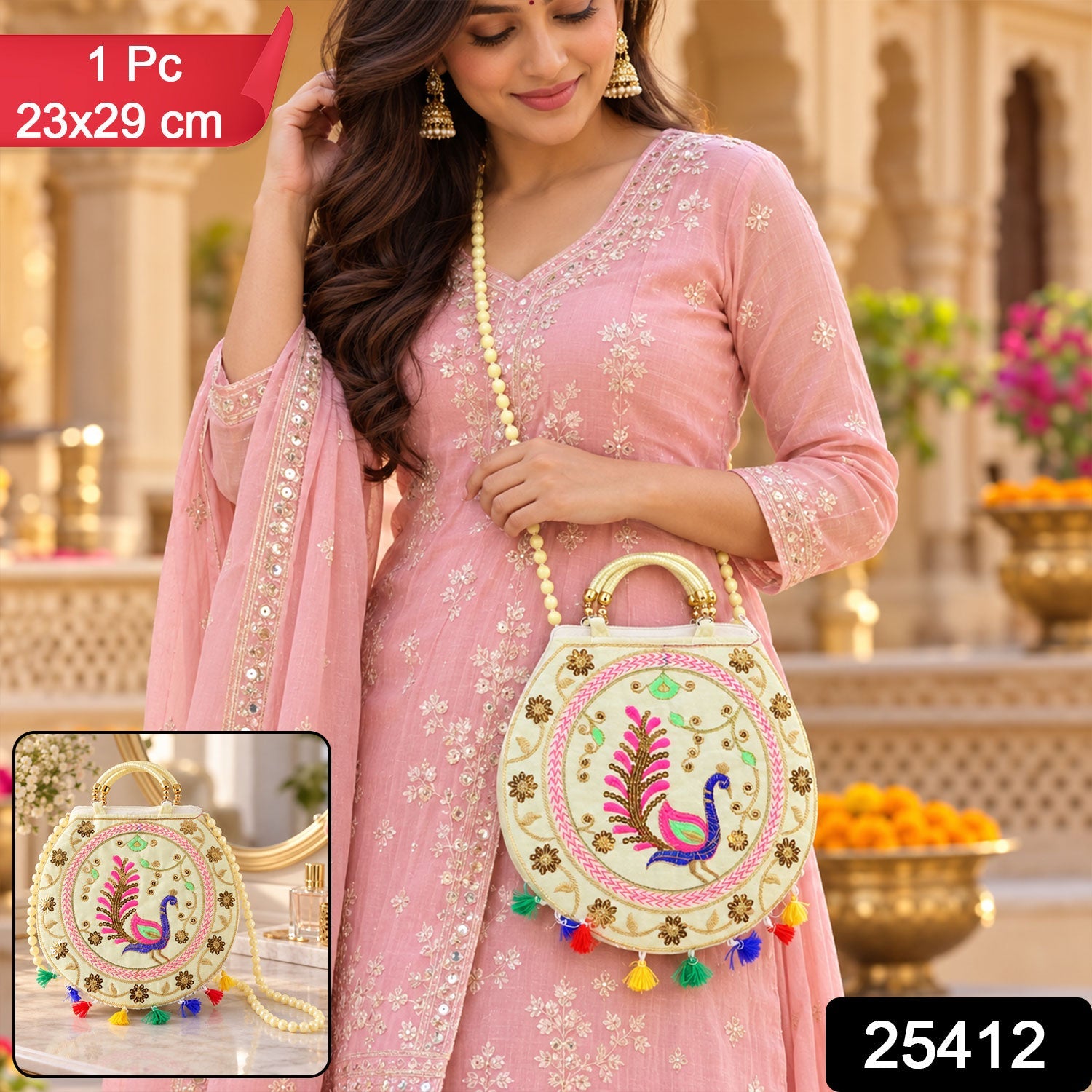 Woman in a pink outfit holding a cream round bag with colorful peacock embroidery and tassels, with product details overlay.