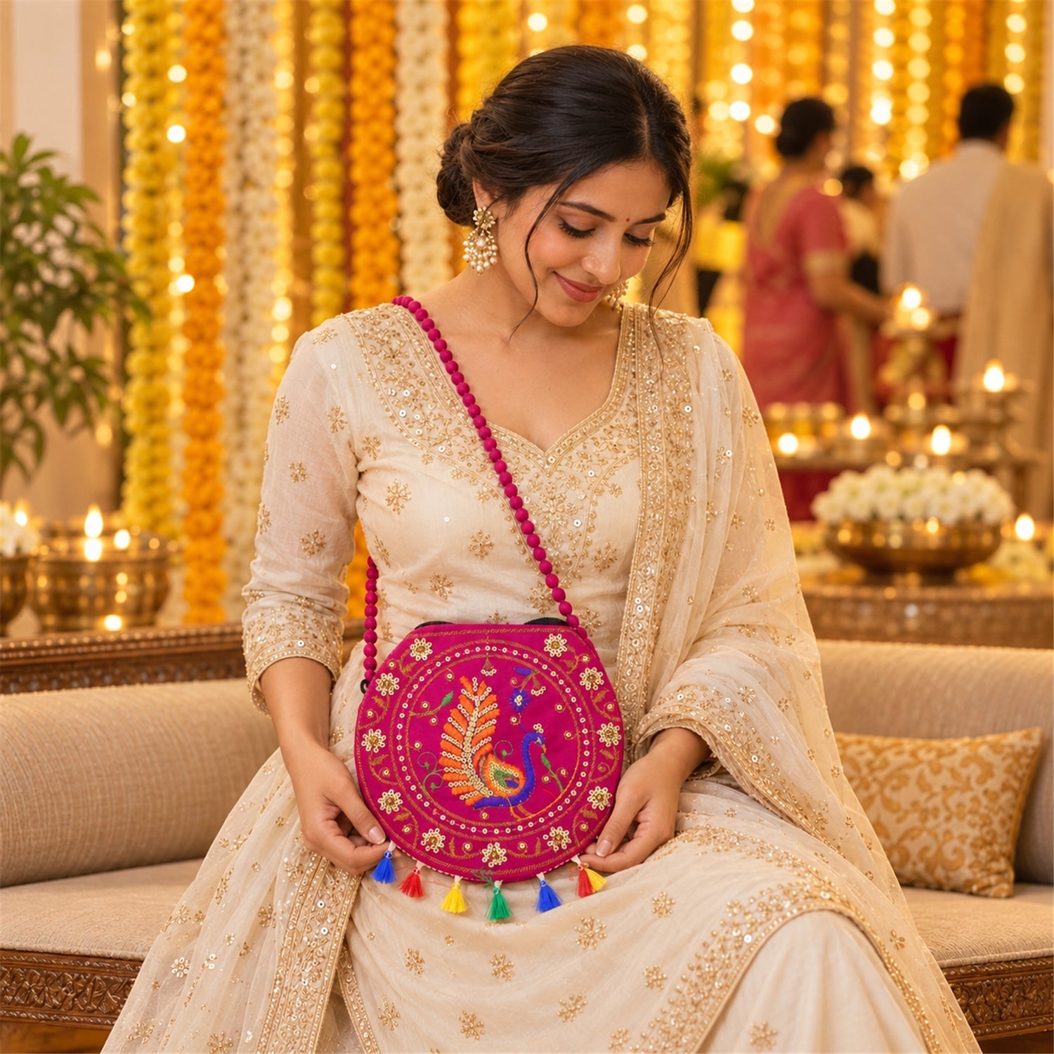 A woman in an off-white embroidered dress sits, holding a fuchsia round purse with peacock design and tassels.