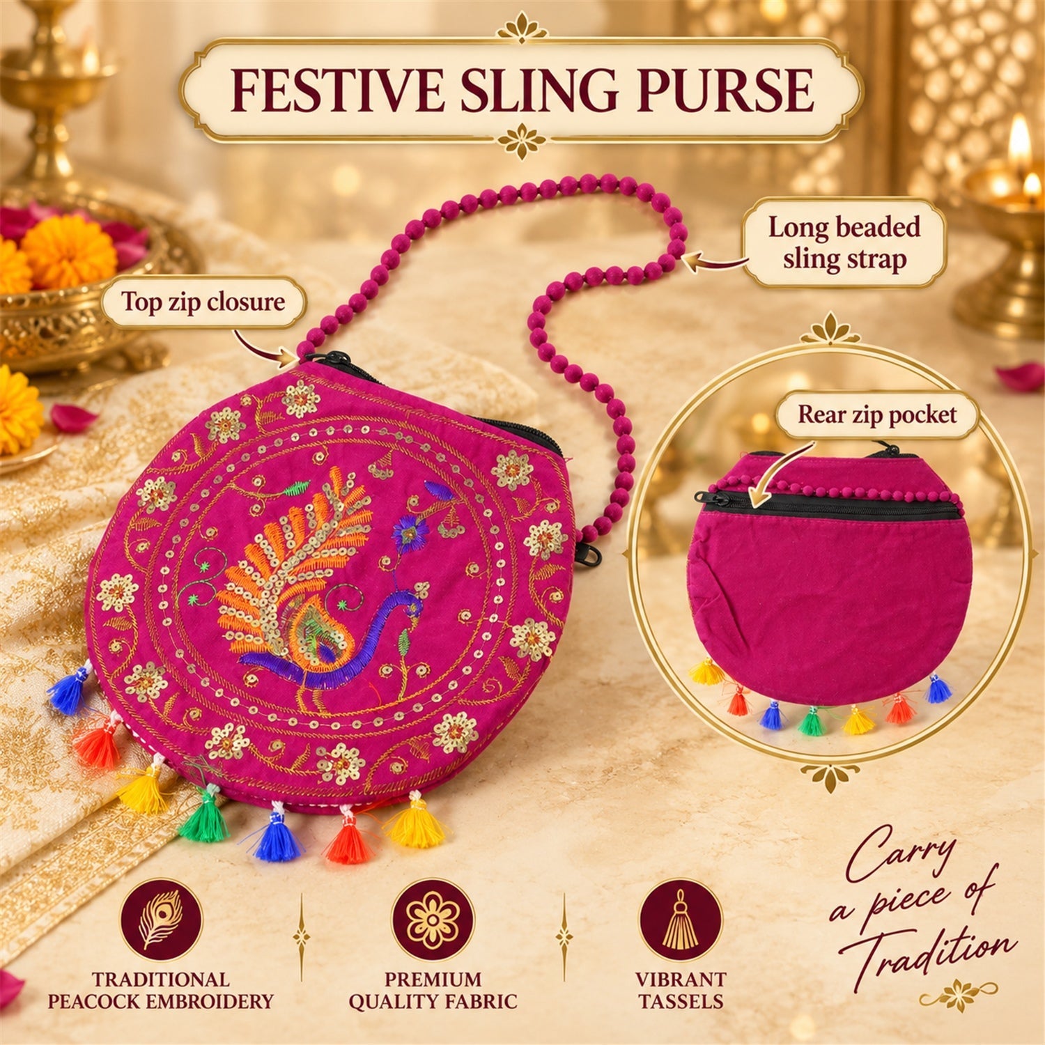 A fuchsia round purse with a beaded strap, peacock embroidery, and colorful tassels, with callouts for features.