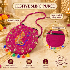 A fuchsia round purse with a beaded strap, peacock embroidery, and colorful tassels, with callouts for features.