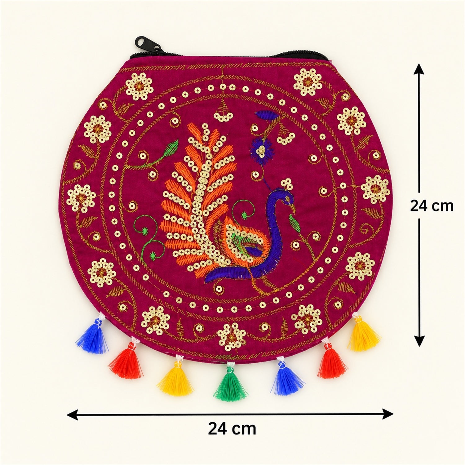 A fuchsia round purse with peacock embroidery and colorful tassels, with dimensions of 24 cm by 24 cm shown.