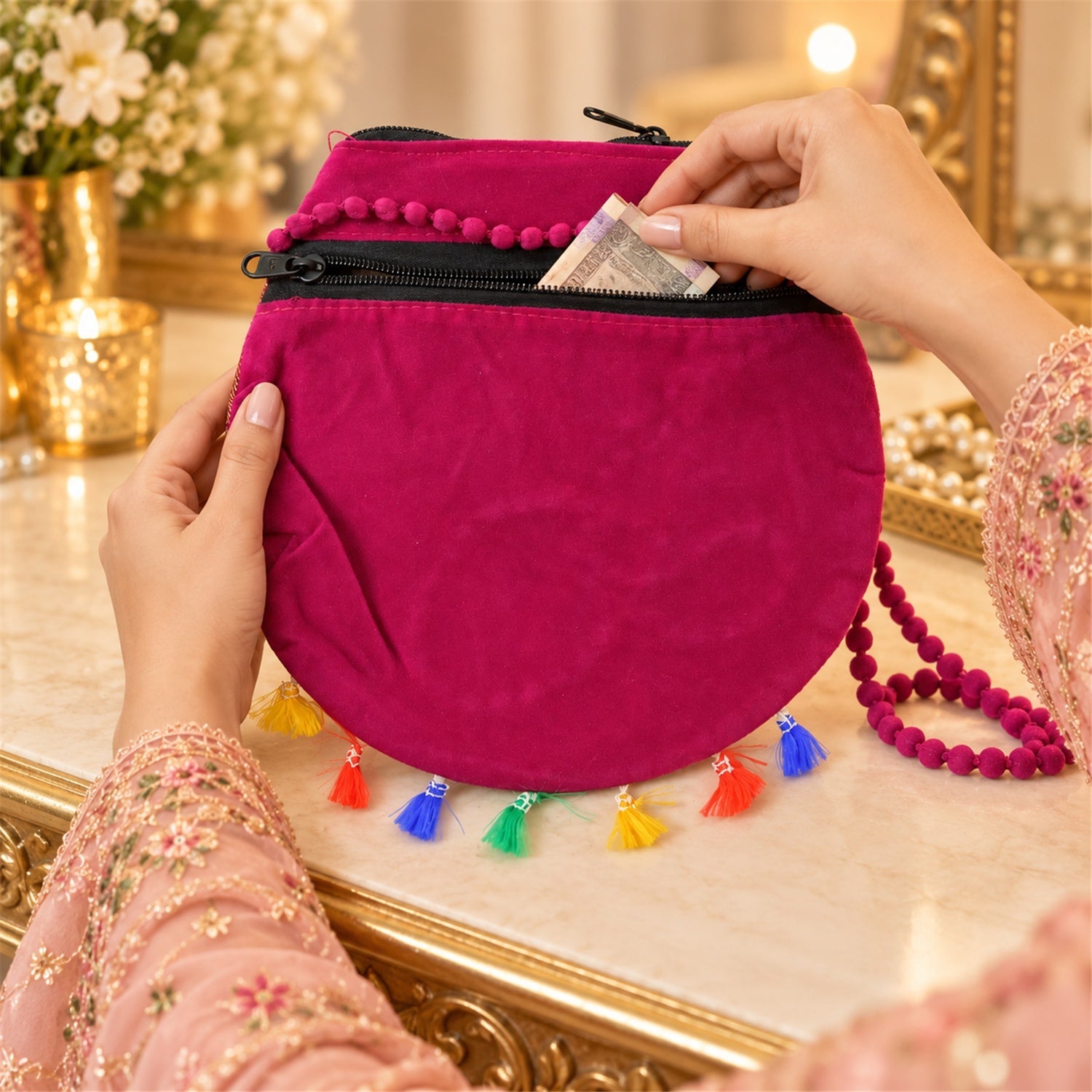 Hands open the back zipper pocket of a fuchsia round purse with tassels, revealing money inside.