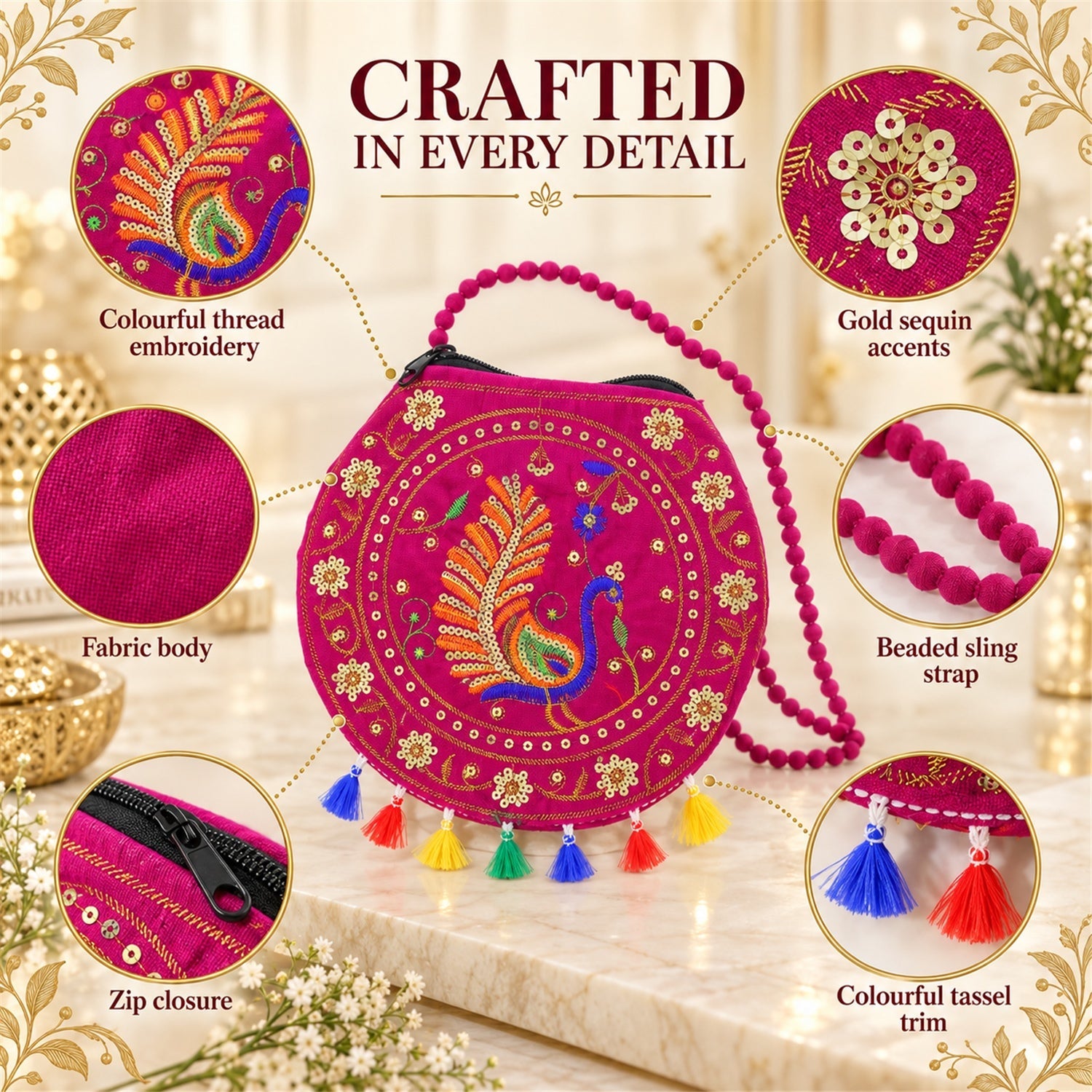 A fuchsia round purse with peacock embroidery and tassels, surrounded by detailed callouts of its features.