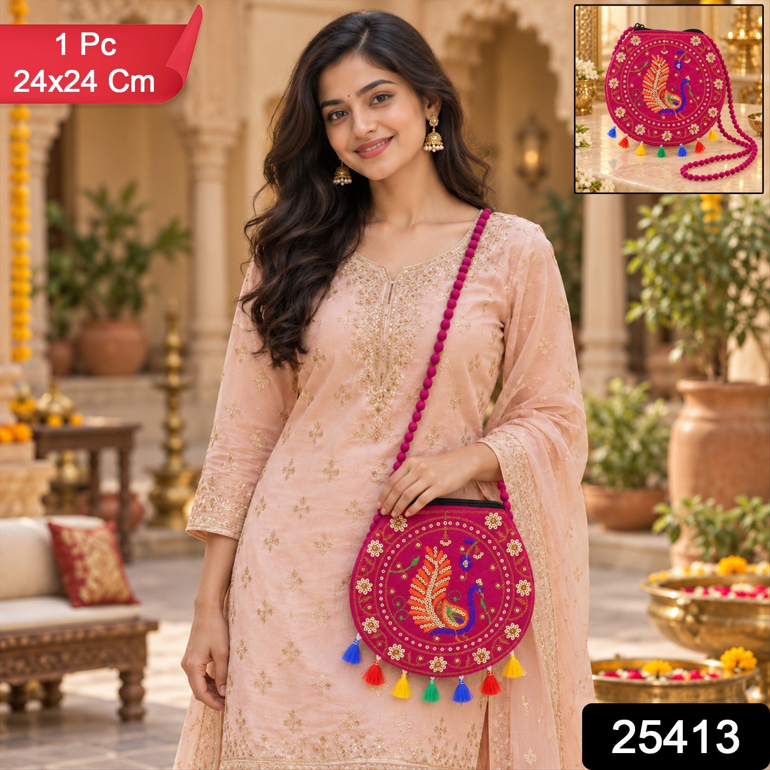 A woman in a peach outfit smiles while holding a round fuchsia purse with colorful tassels and peacock embroidery, with an
