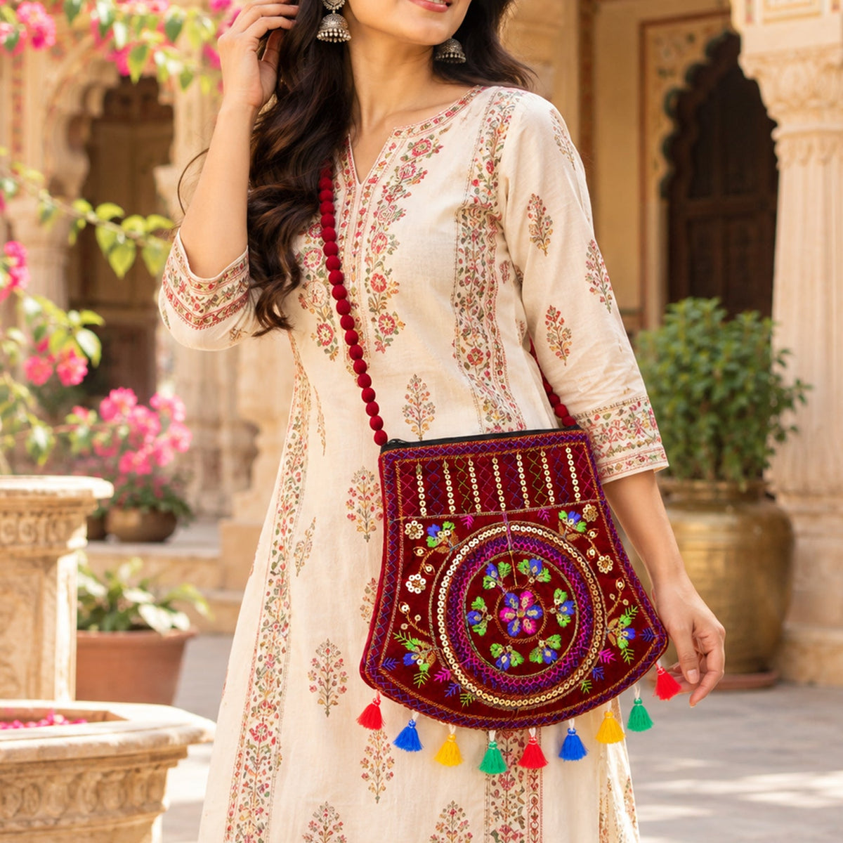 A woman in an off-white dress carries a maroon velvet sling bag with colorful embroidery and tassels.