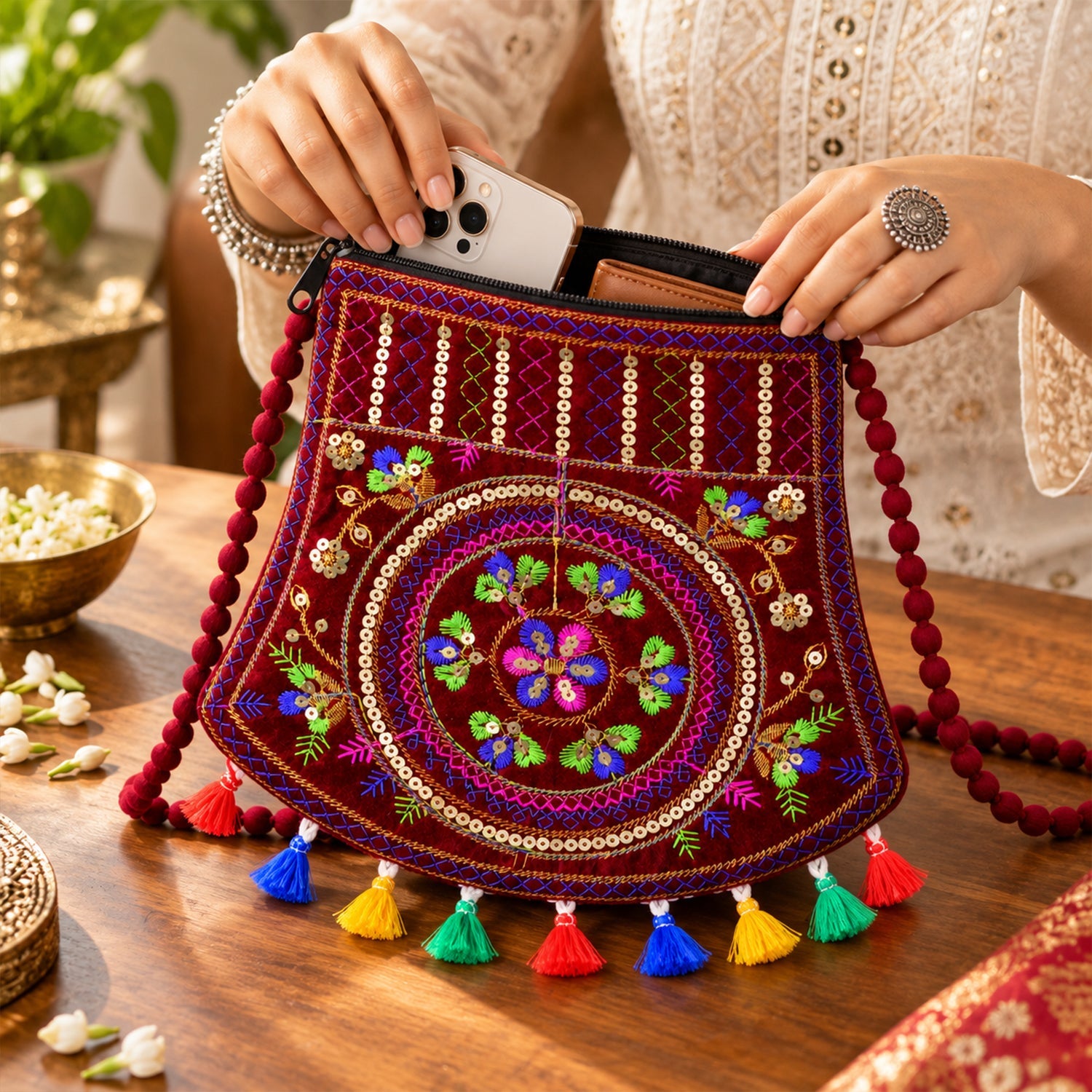 A person places a phone into a maroon velvet sling bag with colorful embroidery and tassels, showing its capacity.