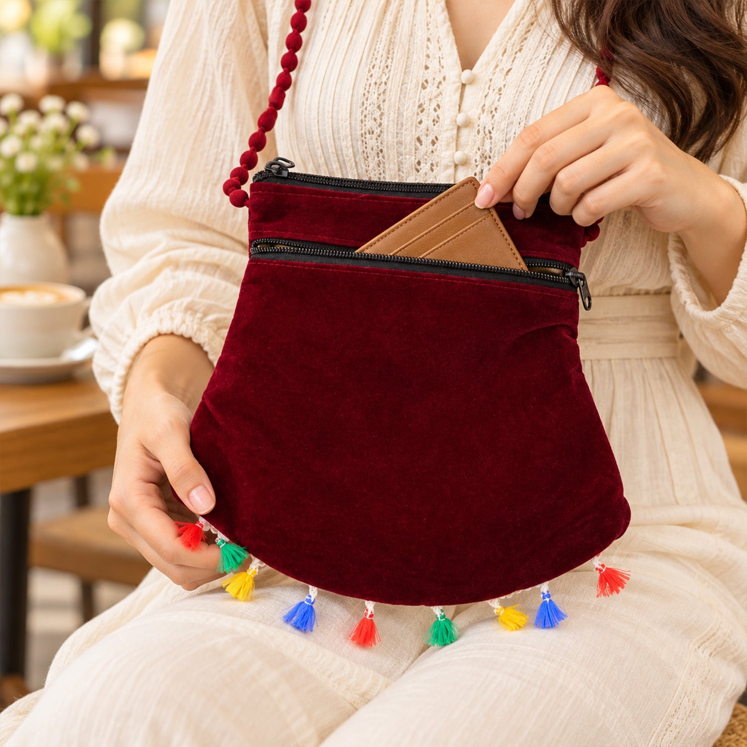 A person puts a brown cardholder into the back pocket of a maroon velvet sling bag with colorful tassels.