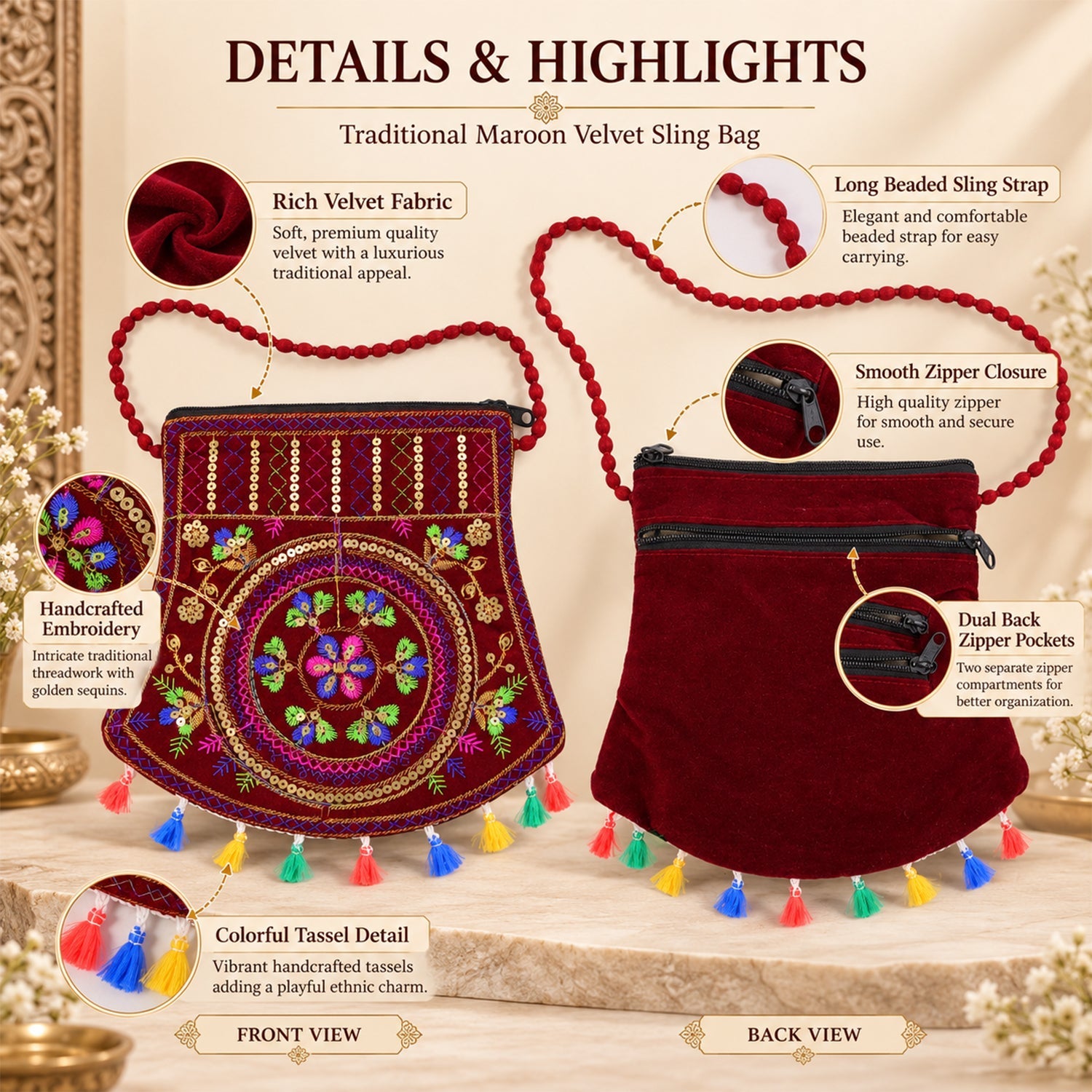A detailed infographic showcasing the front and back of the maroon velvet sling bag with its features.