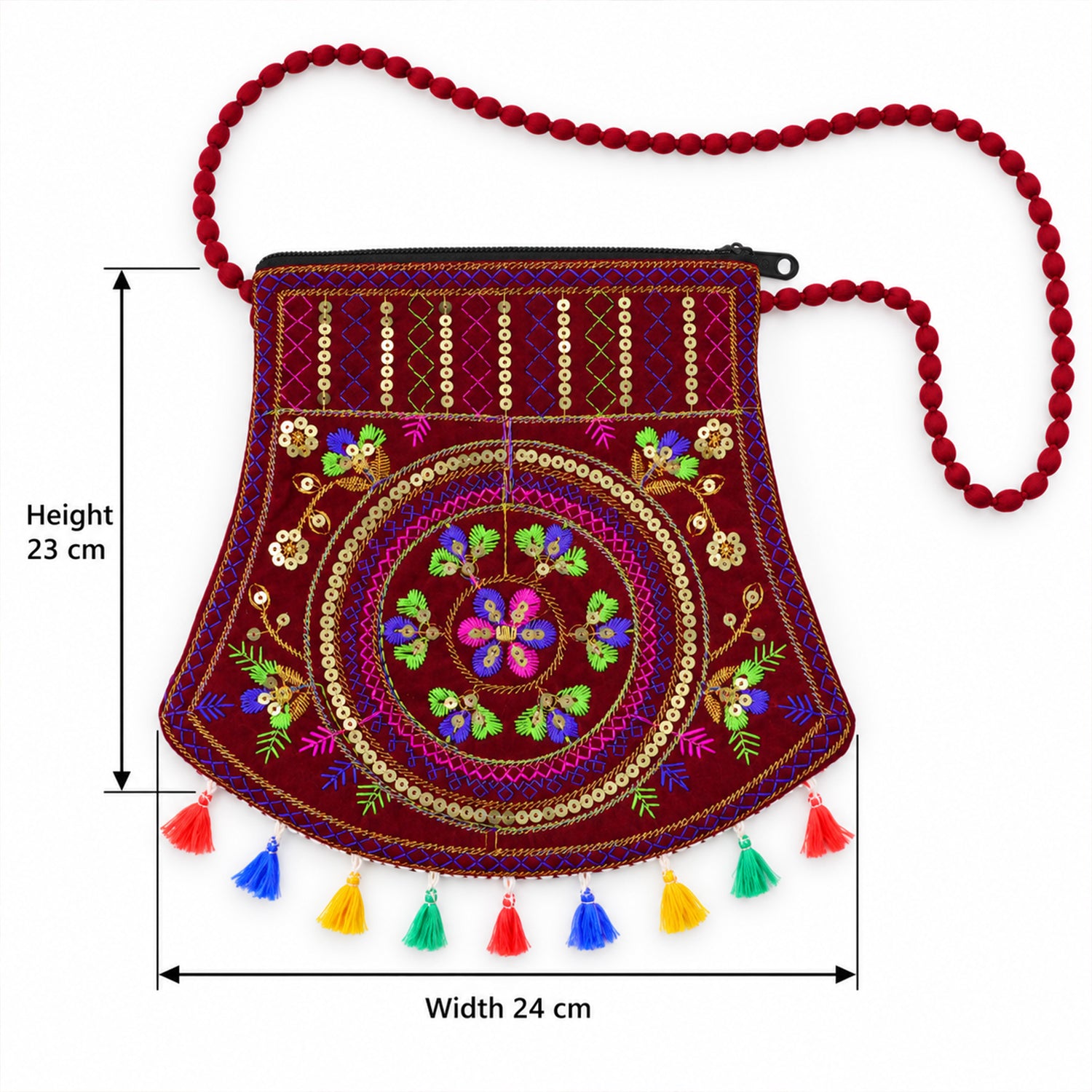 A maroon velvet sling bag with colorful embroidery and tassels, displaying its height and width measurements.