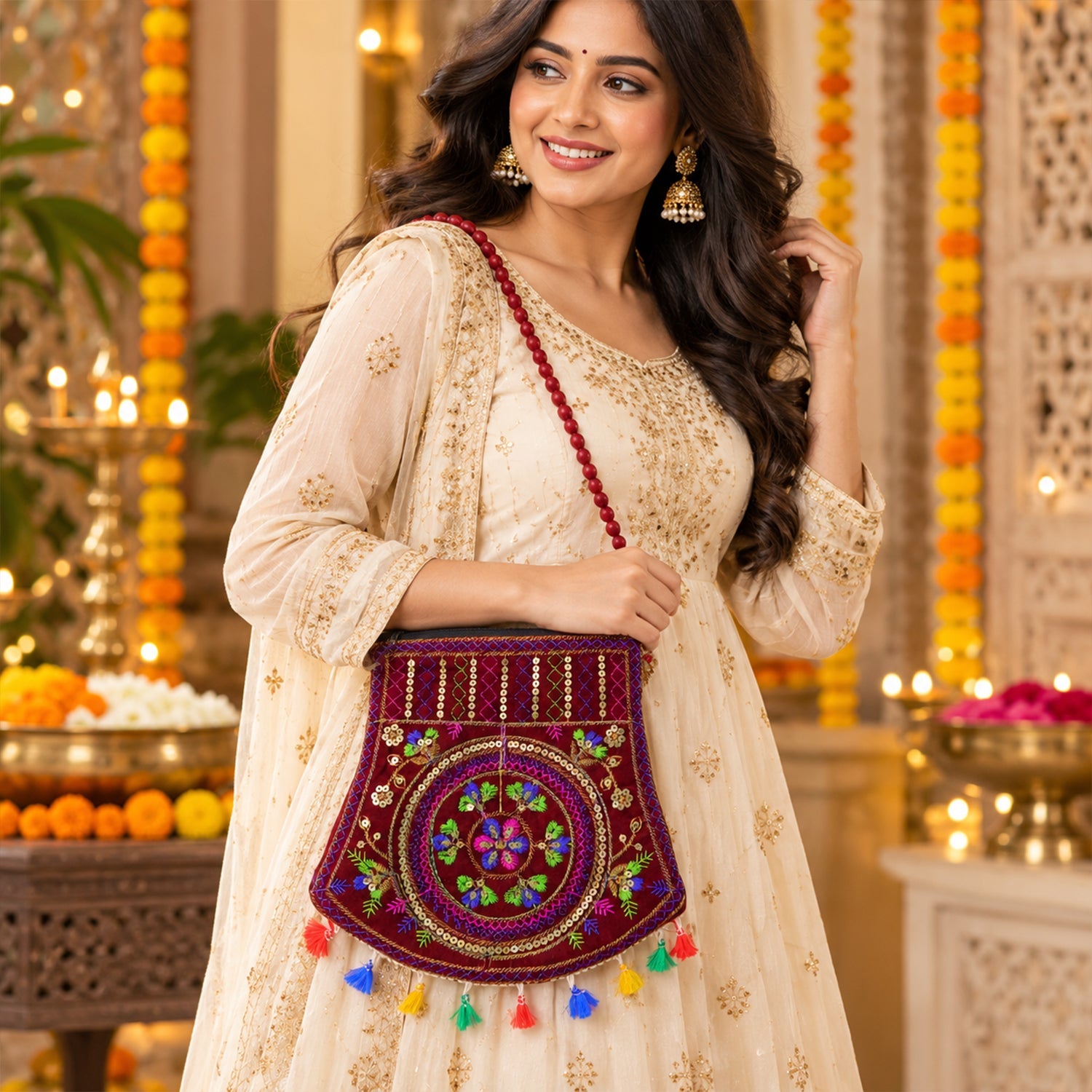 A smiling woman in an off-white dress holds a maroon velvet sling bag with colorful embroidery and tassels.