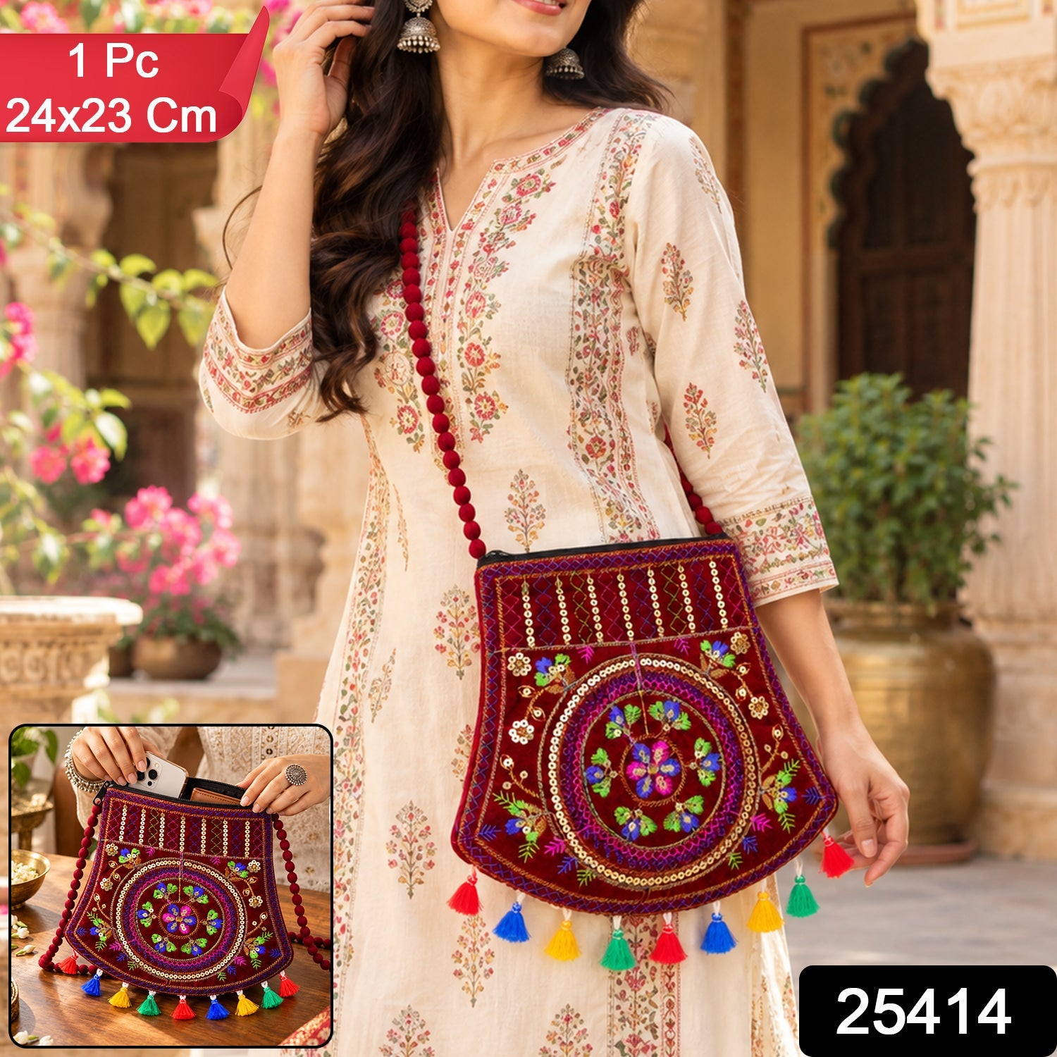 A woman wears a maroon velvet sling bag with colorful embroidery and tassels, with product details overlayed.