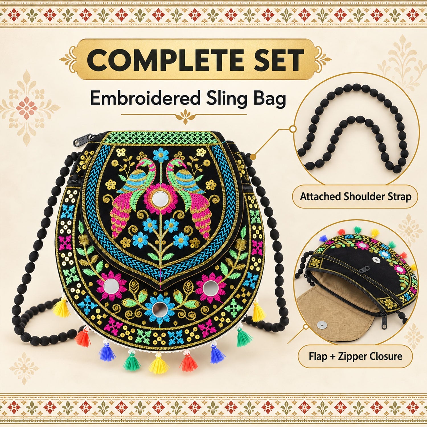 Ethnic peacock tassel purse for women displayed