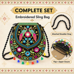 Ethnic peacock tassel purse for women displayed
