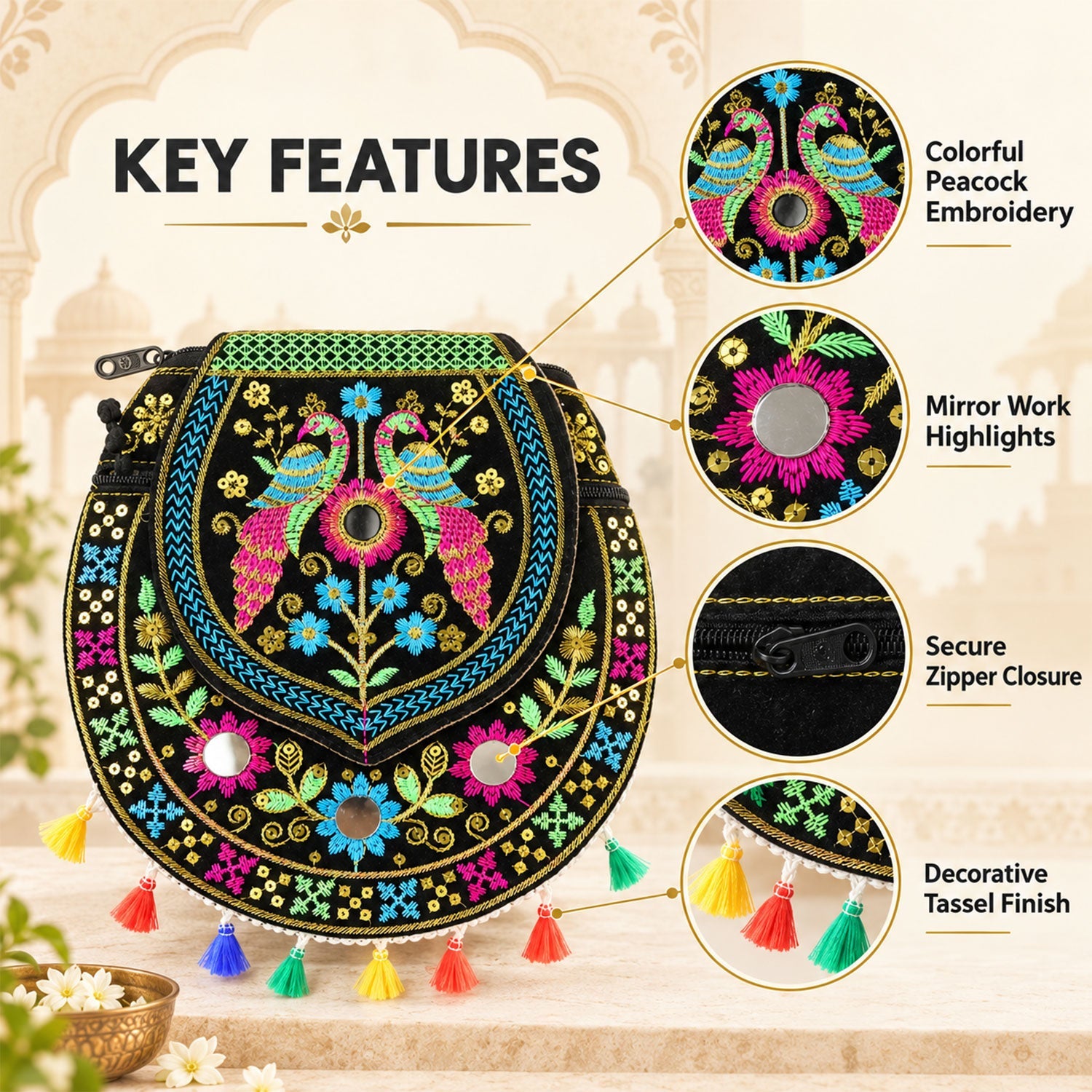 Close up of multicolored tassels and embroidery detail on purse