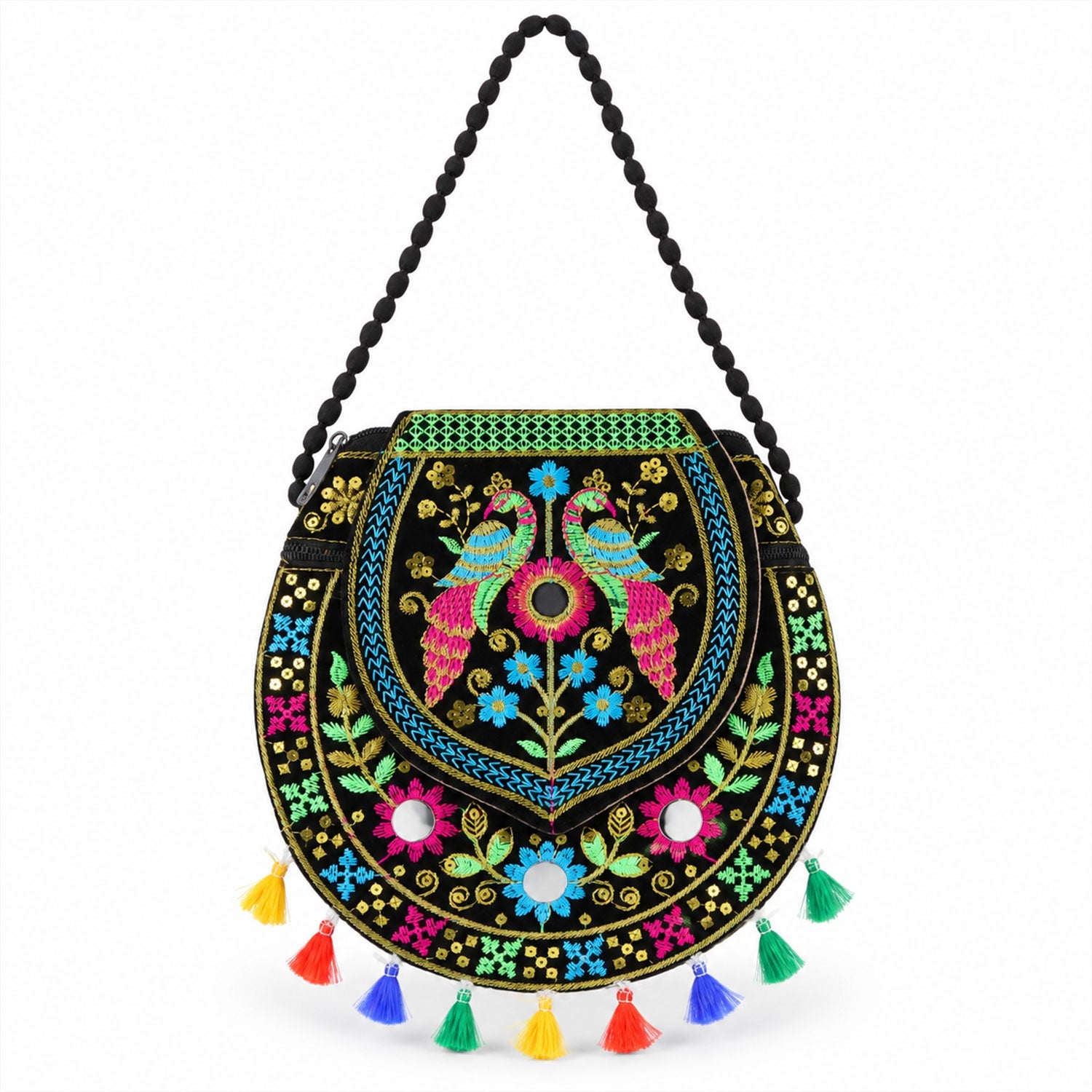 Front design view of traditional embroidered sling bag