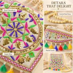 Close-up of the jute purse showing floral threadwork, sequin shine, knotted bead strap, and playful tassels.