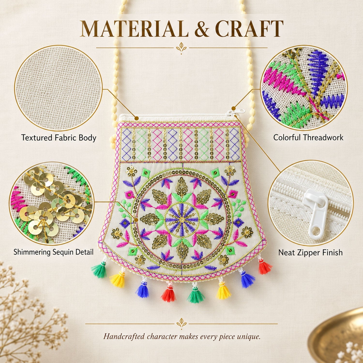 Overhead view of the jute purse with callouts for textured fabric, colorful threadwork, shimmering sequins, and neat zipper.