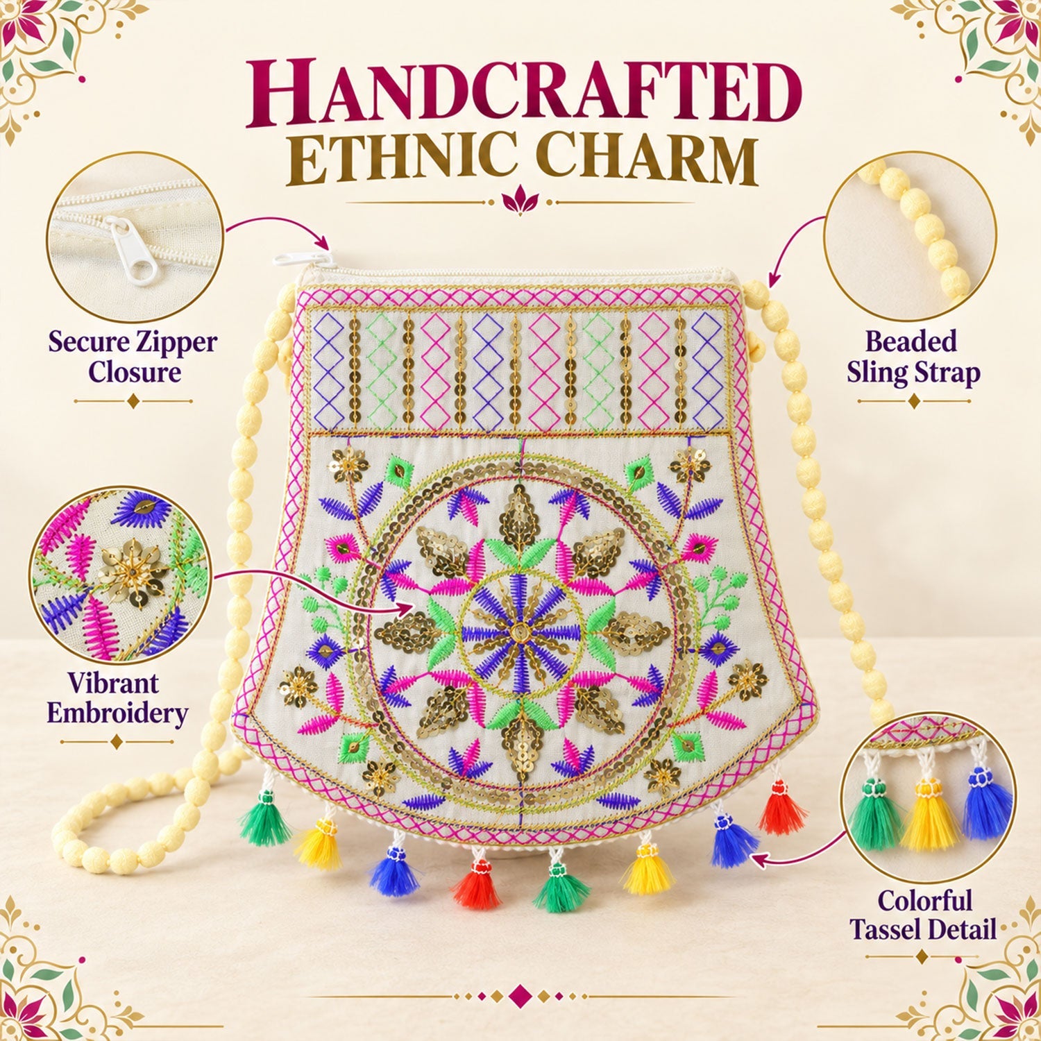 Overhead view of the jute purse with callouts for secure zipper, vibrant embroidery, beaded strap, and tassel detail.