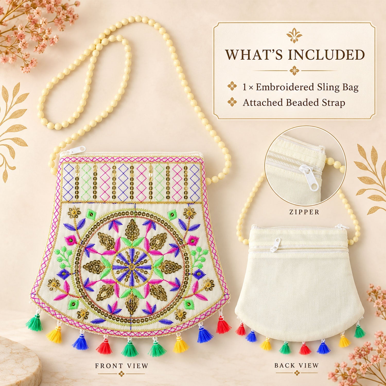 Front and back views of the embroidered jute sling bag with a beaded strap and colorful tassels, showing zipper detail.
