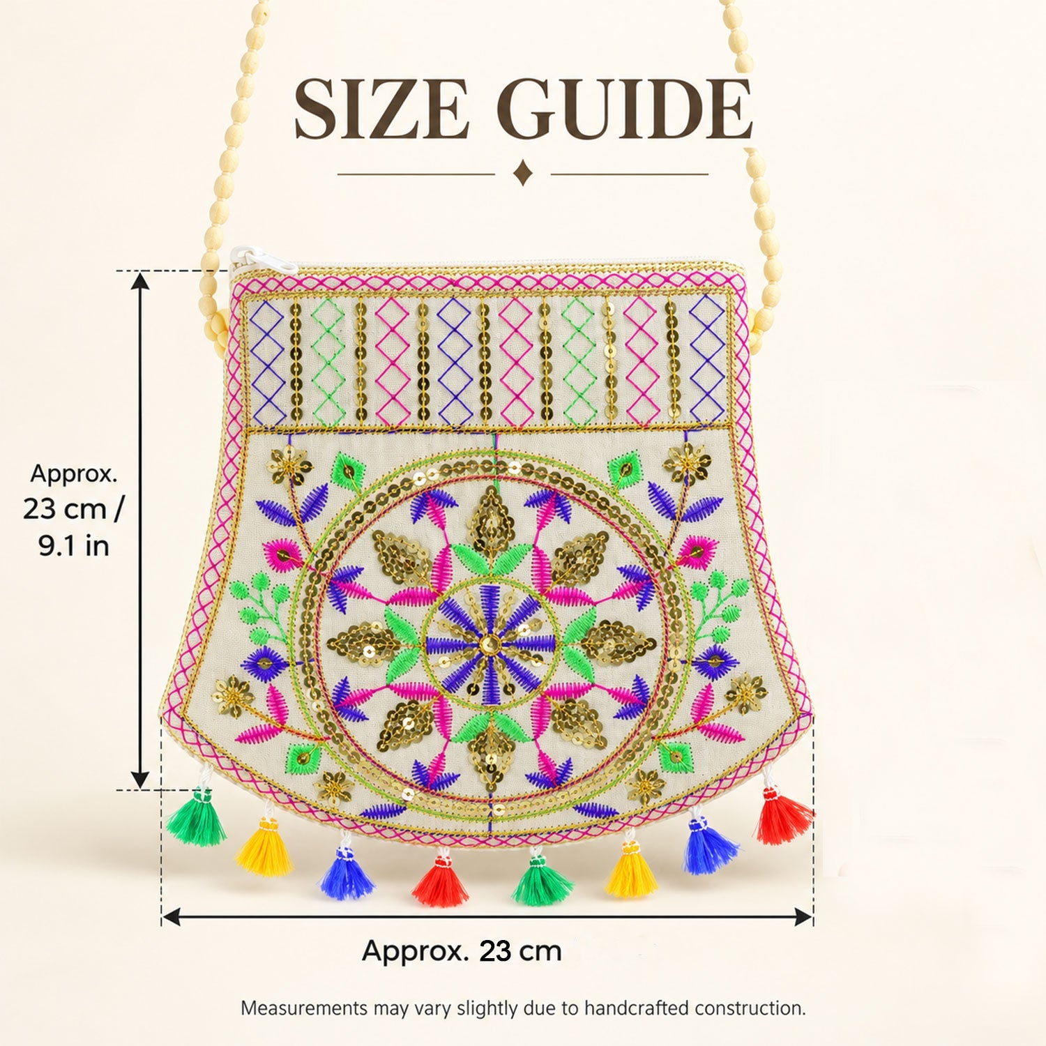 Front view of the jute purse with size guide measurements indicating 23 cm by 23 cm dimensions.